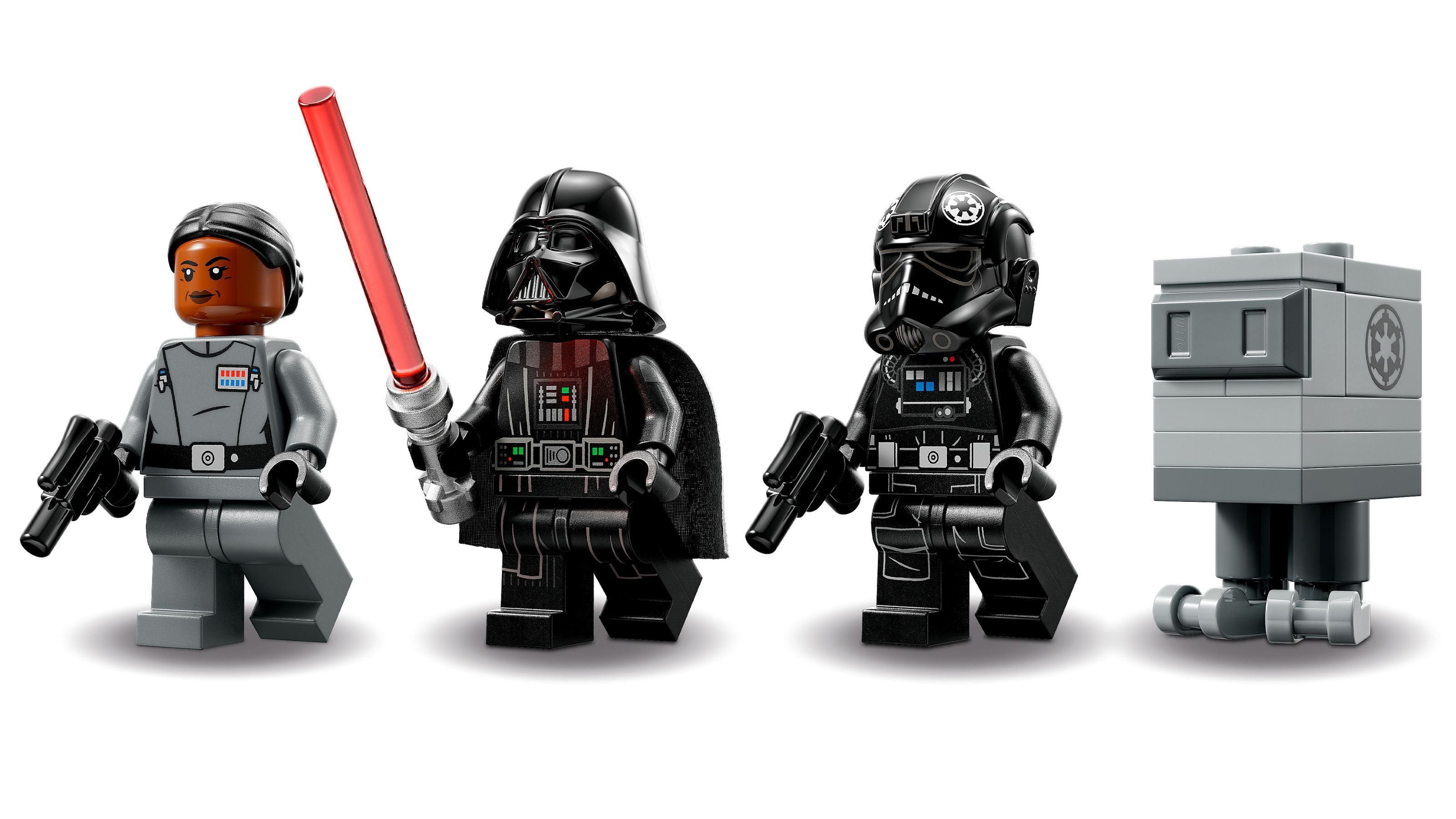 Vier Star Wars Lego-Figuren: Soldatin, Darth Vader, TIE-Pilot, Droide. Alle mit Waffen.