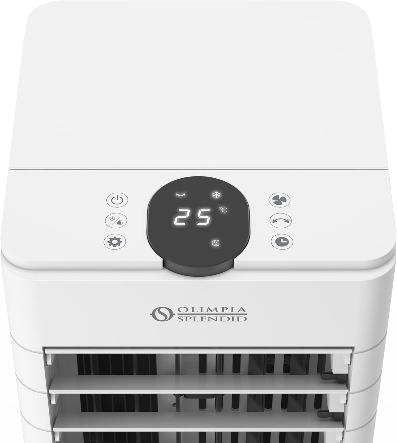Un refrigeratore d'aria bianco con display digitale di 25°C e icone.