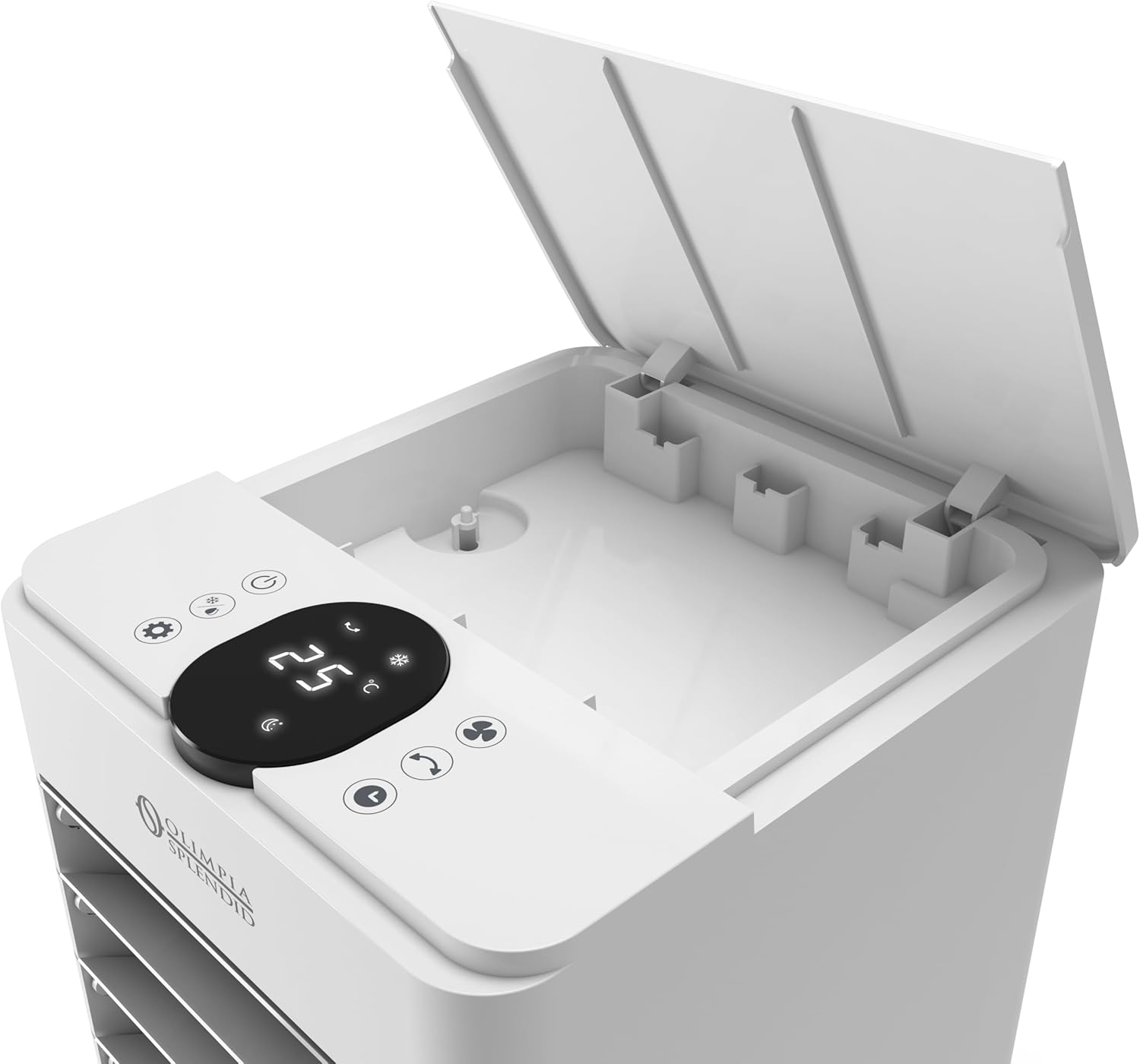 Ventilatore a torre bianco con coperchio aperto, che mostra 25°C digitalmente.