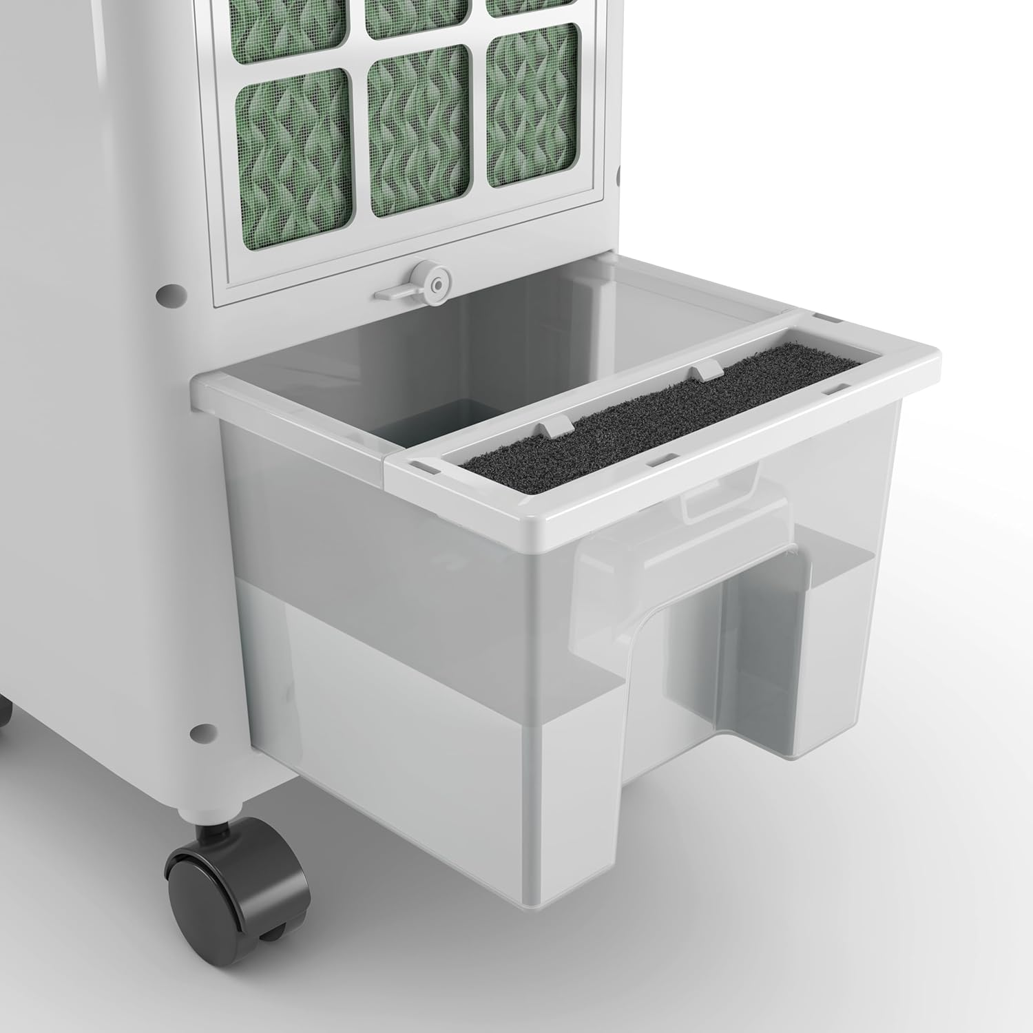Un refrigeratore d'aria bianco con serbatoio estraibile e pannelli verdi.