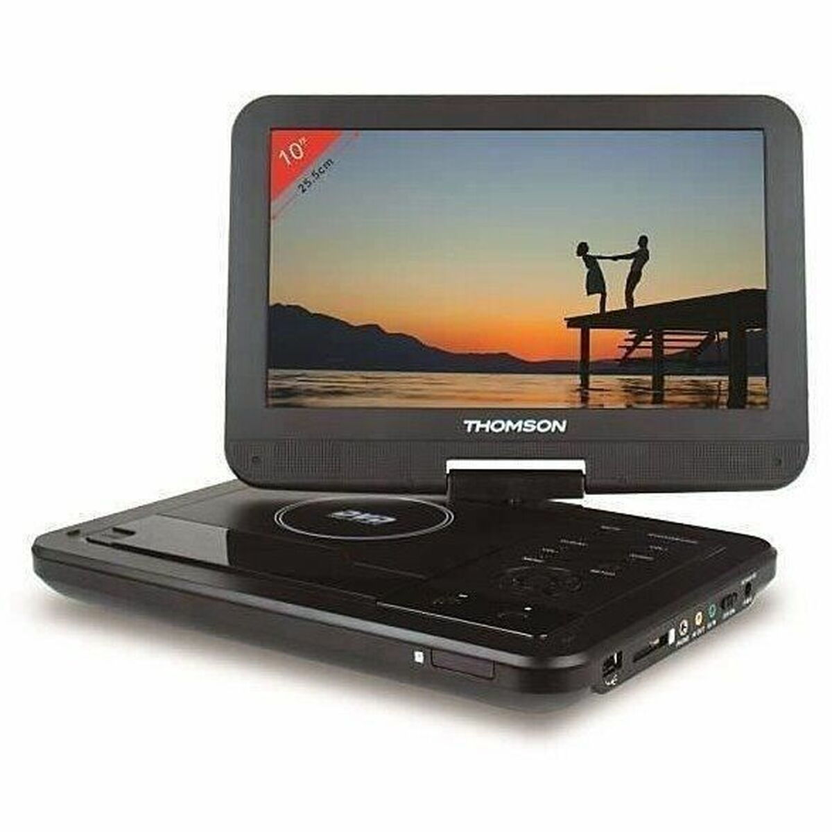 Schwarzer tragbarer DVD-Player mit 10-Zoll-Bildschirm, der einen Sonnenuntergang zeigt.