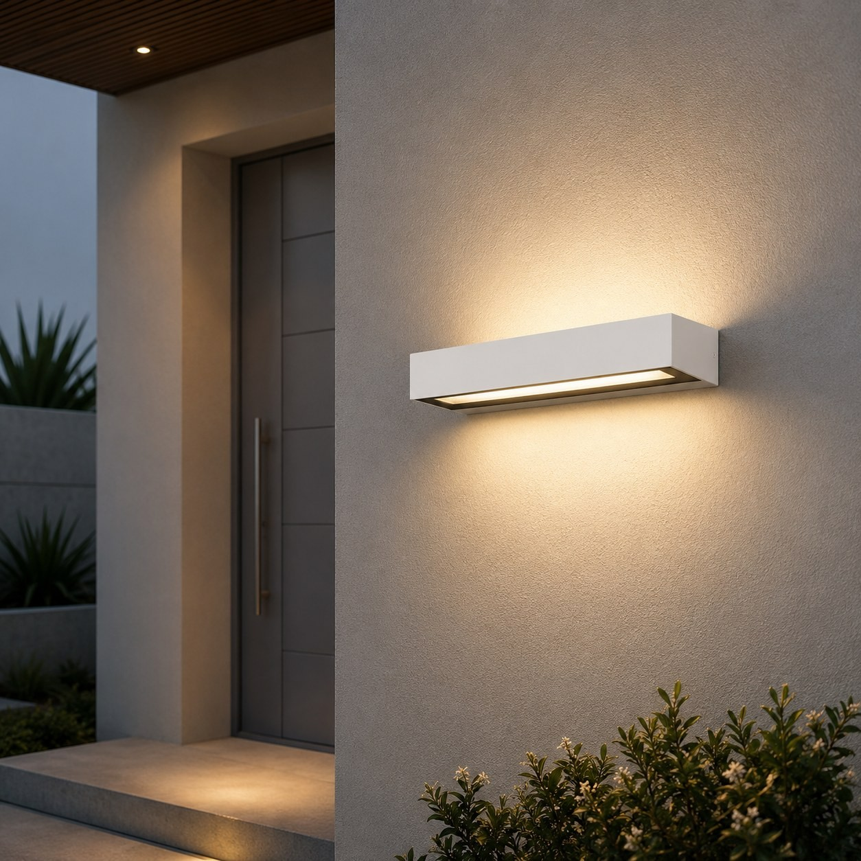 Una lampada da parete rettangolare bianca illumina un muro grigio.