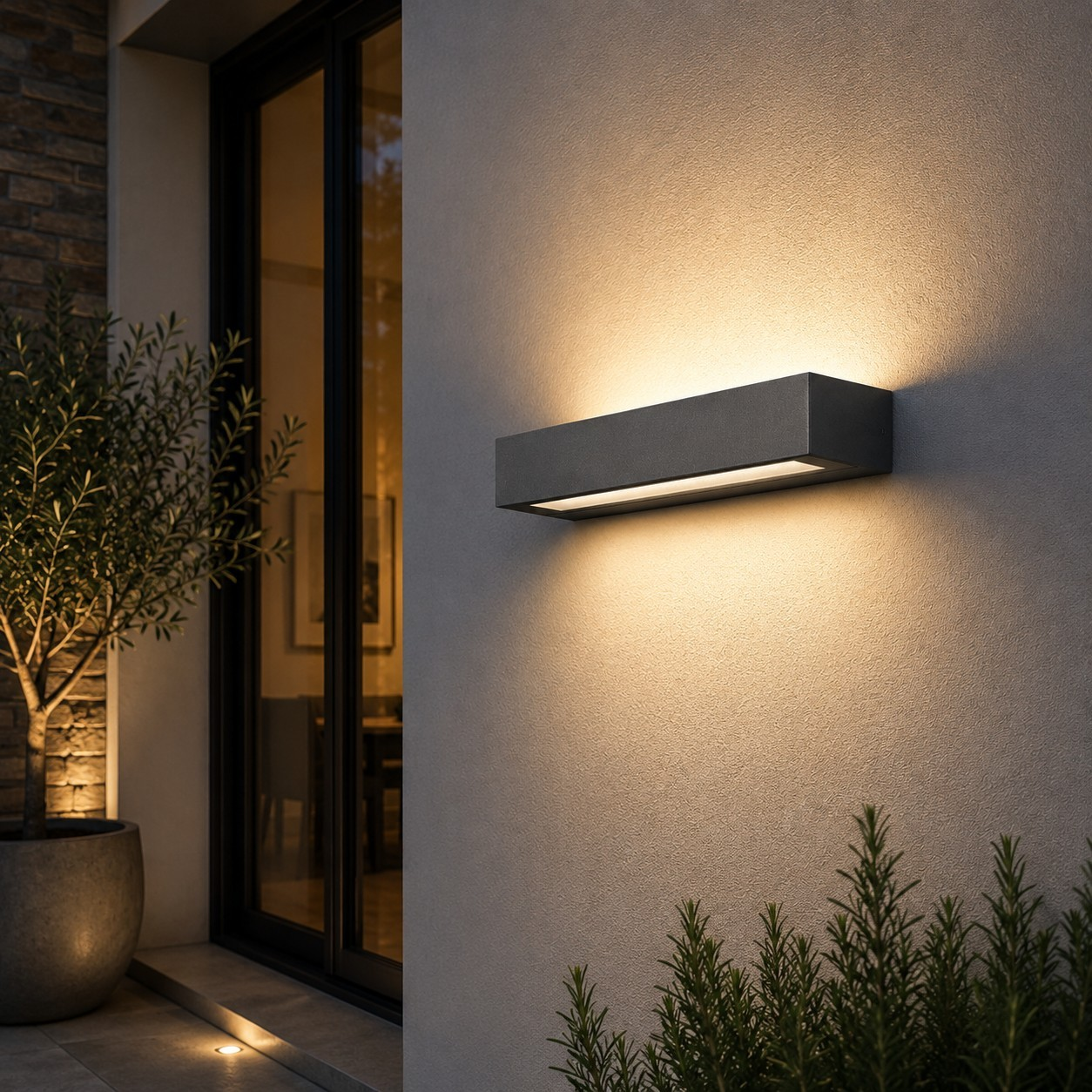 Eine moderne rechteckige Wandleuchte beleuchtet eine Texturwand mit warmem Licht.
