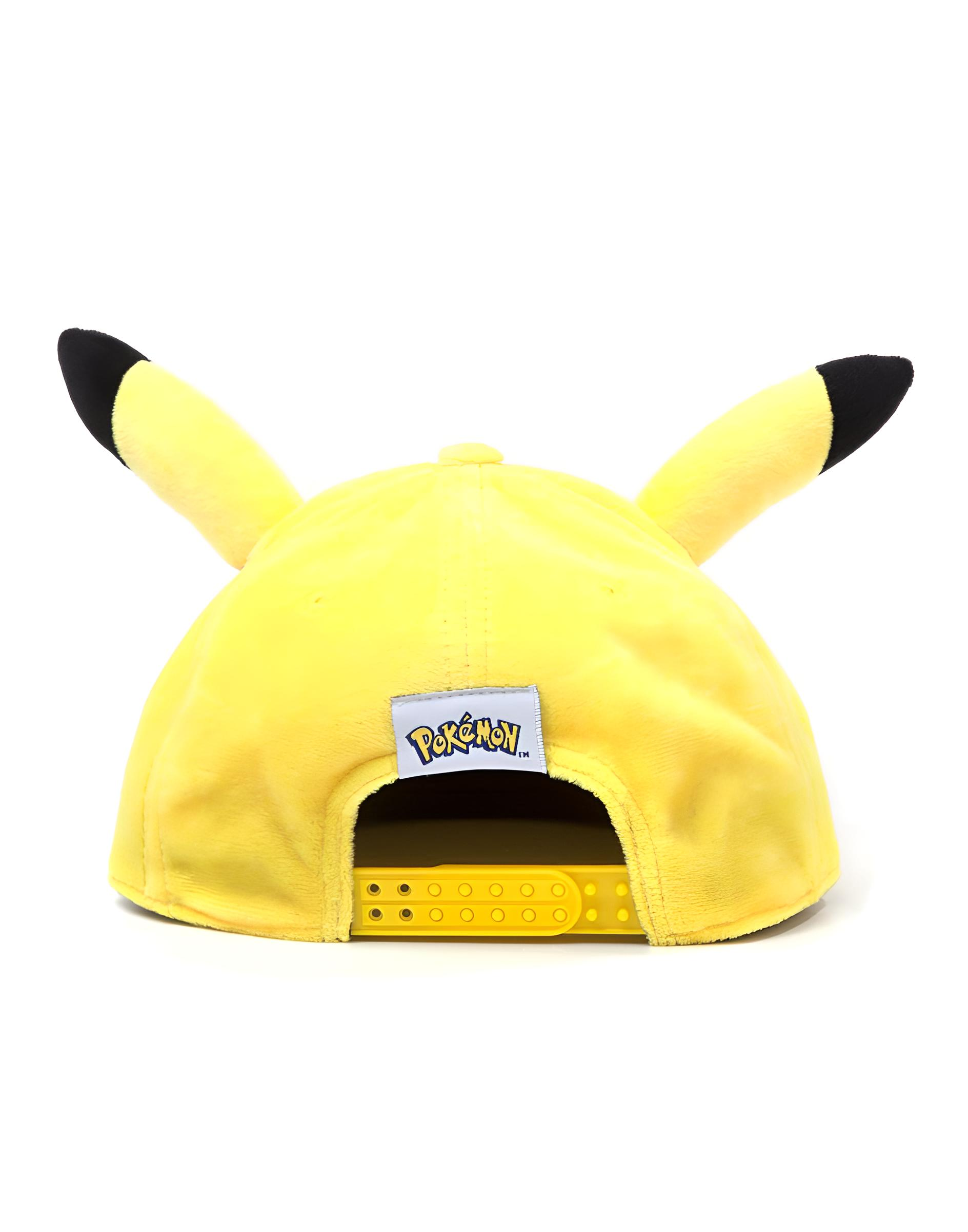 Gelbe Pikachu-Kappe mit Ohren und Pokémon-Logo.