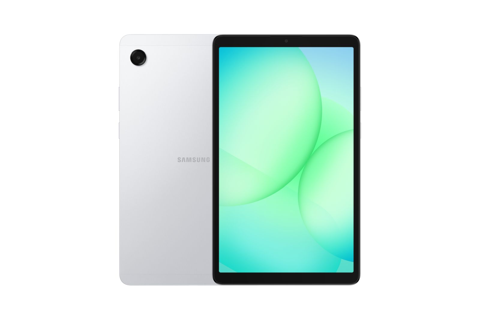Un tablet Samsung argentato che mostra il retro e il fronte.