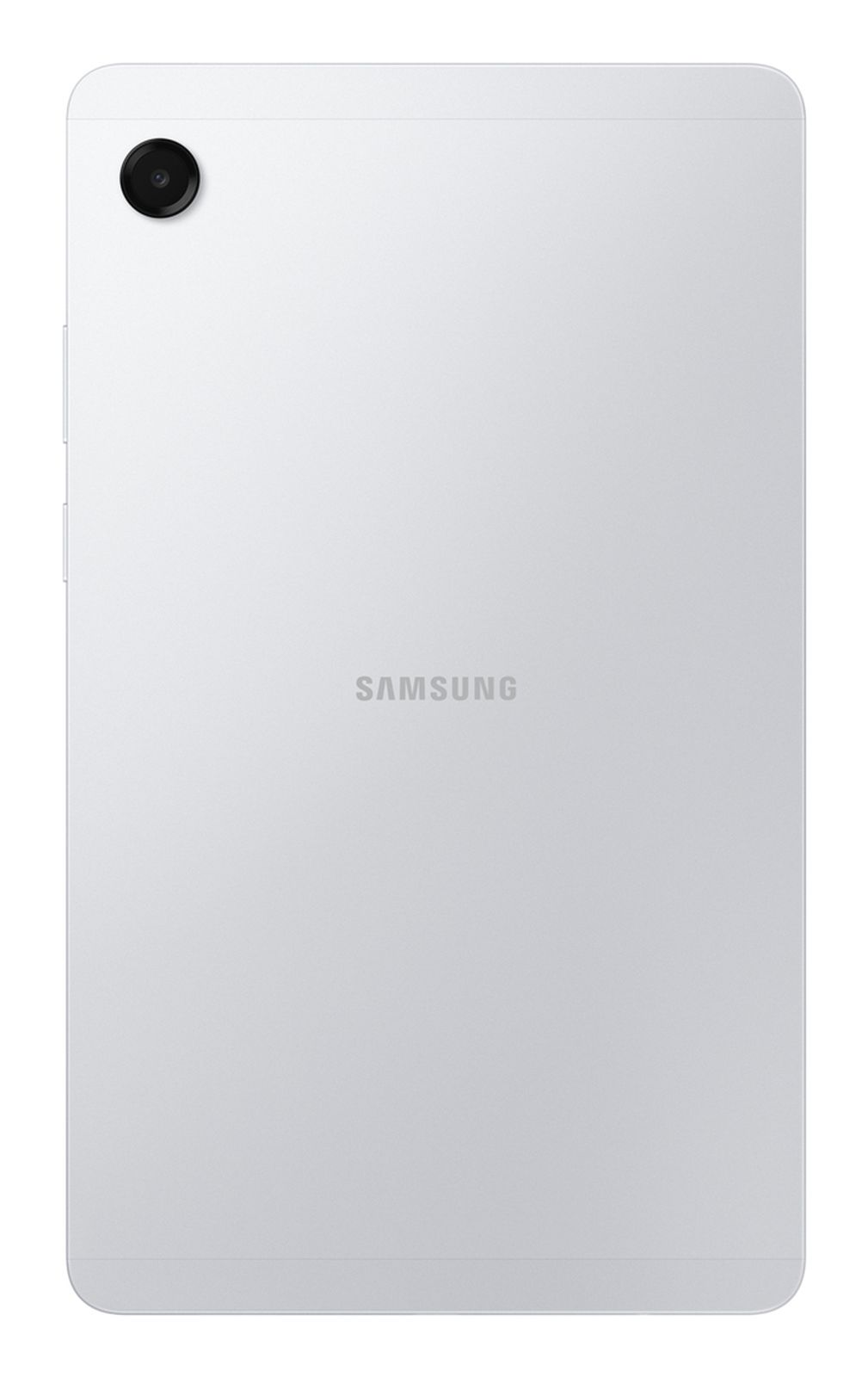 Retro di un tablet Samsung bianco con obiettivo fotocamera in alto a sinistra e logo.