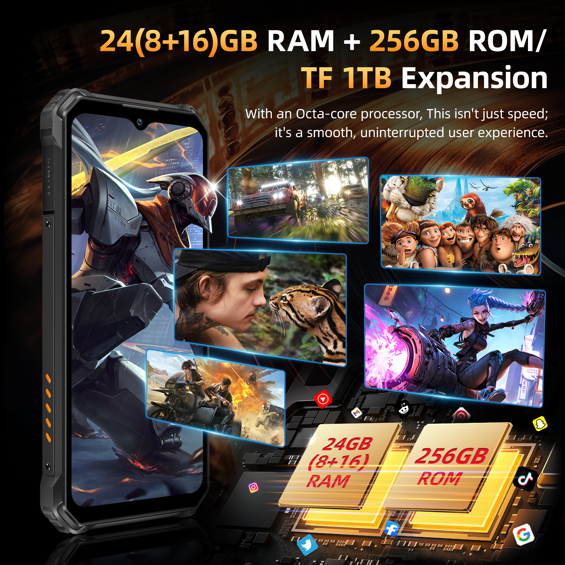 Imagen de anuncio de smartphone con juegos, películas y detalles de almacenamiento.