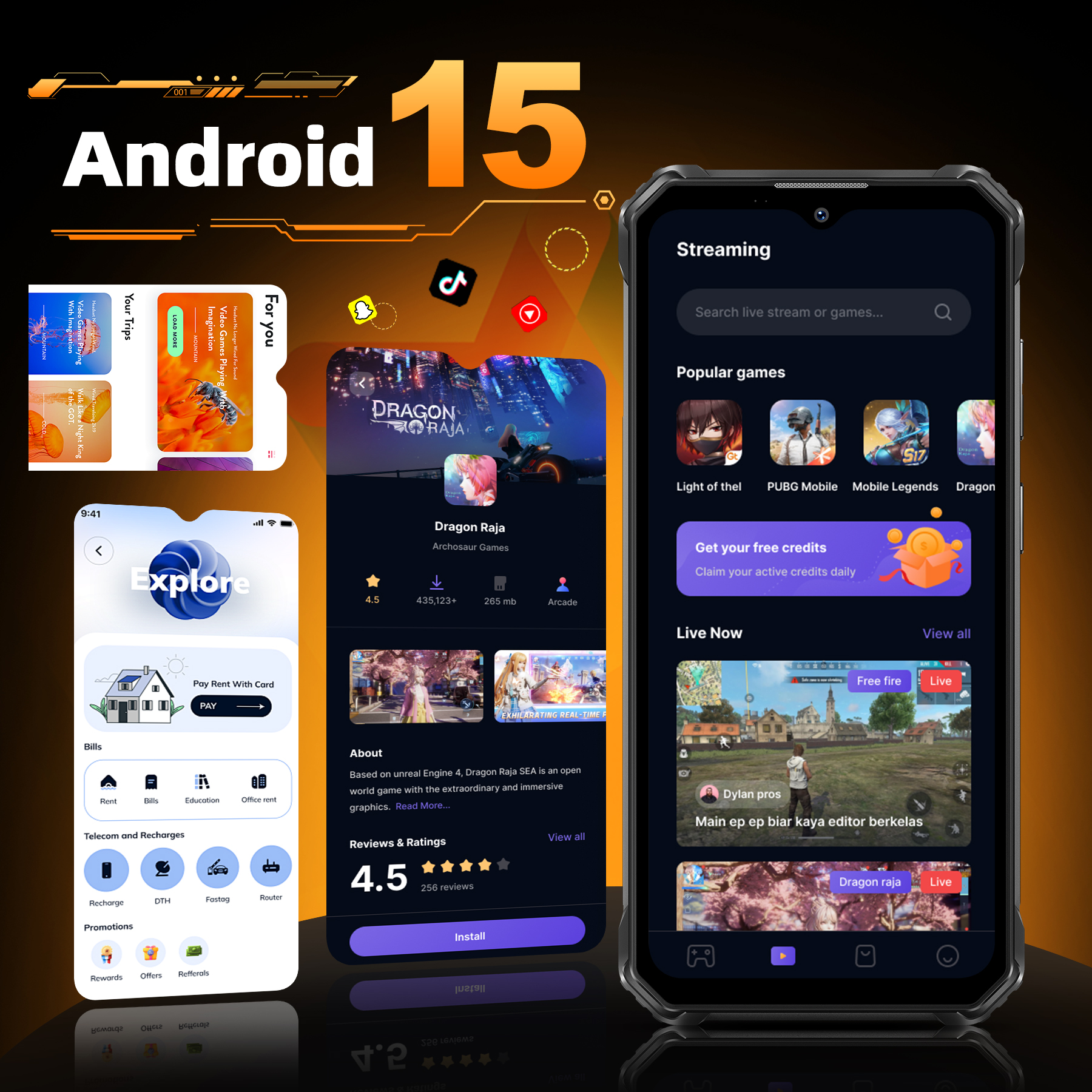 Gráfico de Android 15 con teléfono que muestra app de streaming, juegos y facturas.