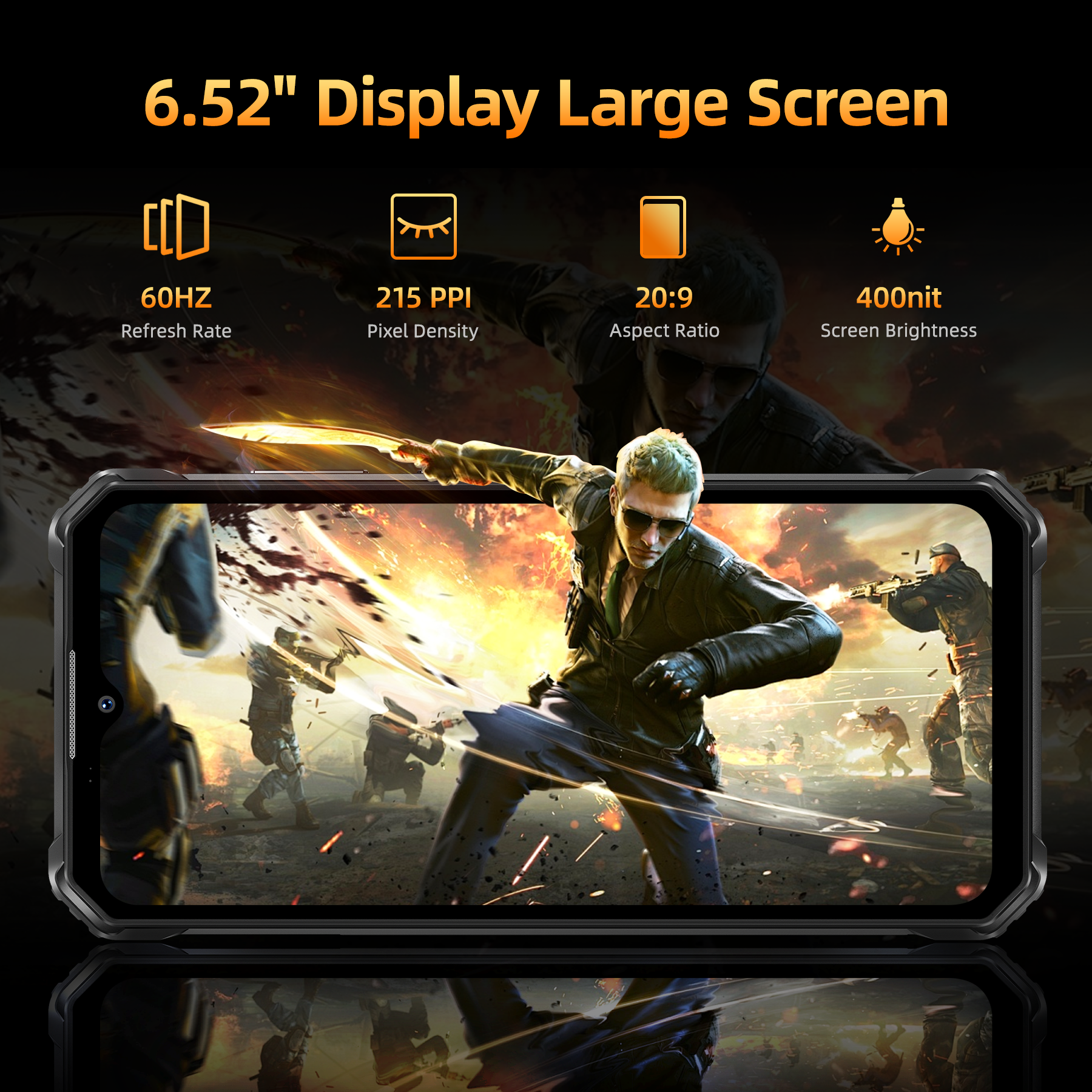Pantalla de smartphone de 6,52" que muestra un juego de acción con soldados y explosiones.