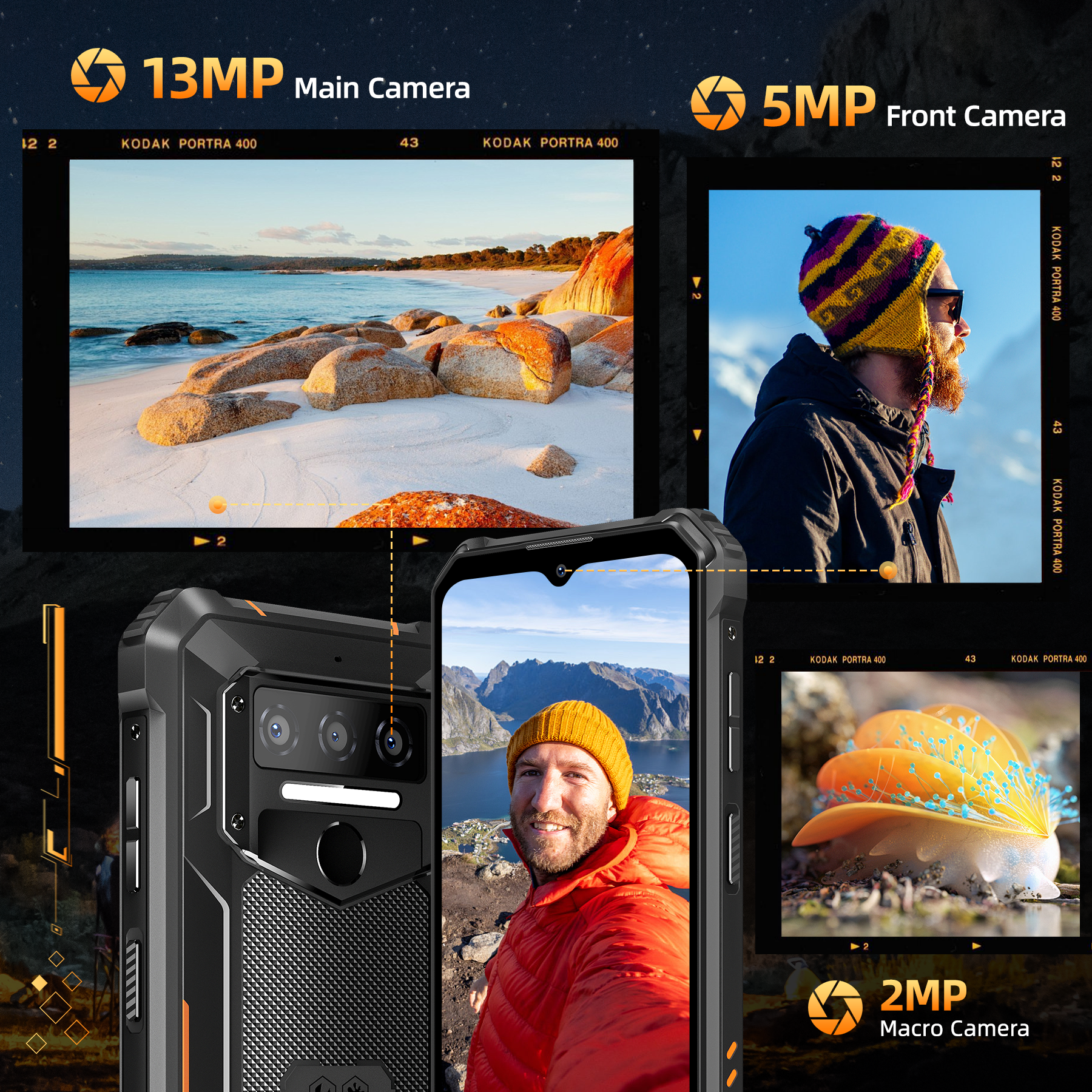 Un smartphone robusto que muestra sus cámaras principal, frontal y macro.