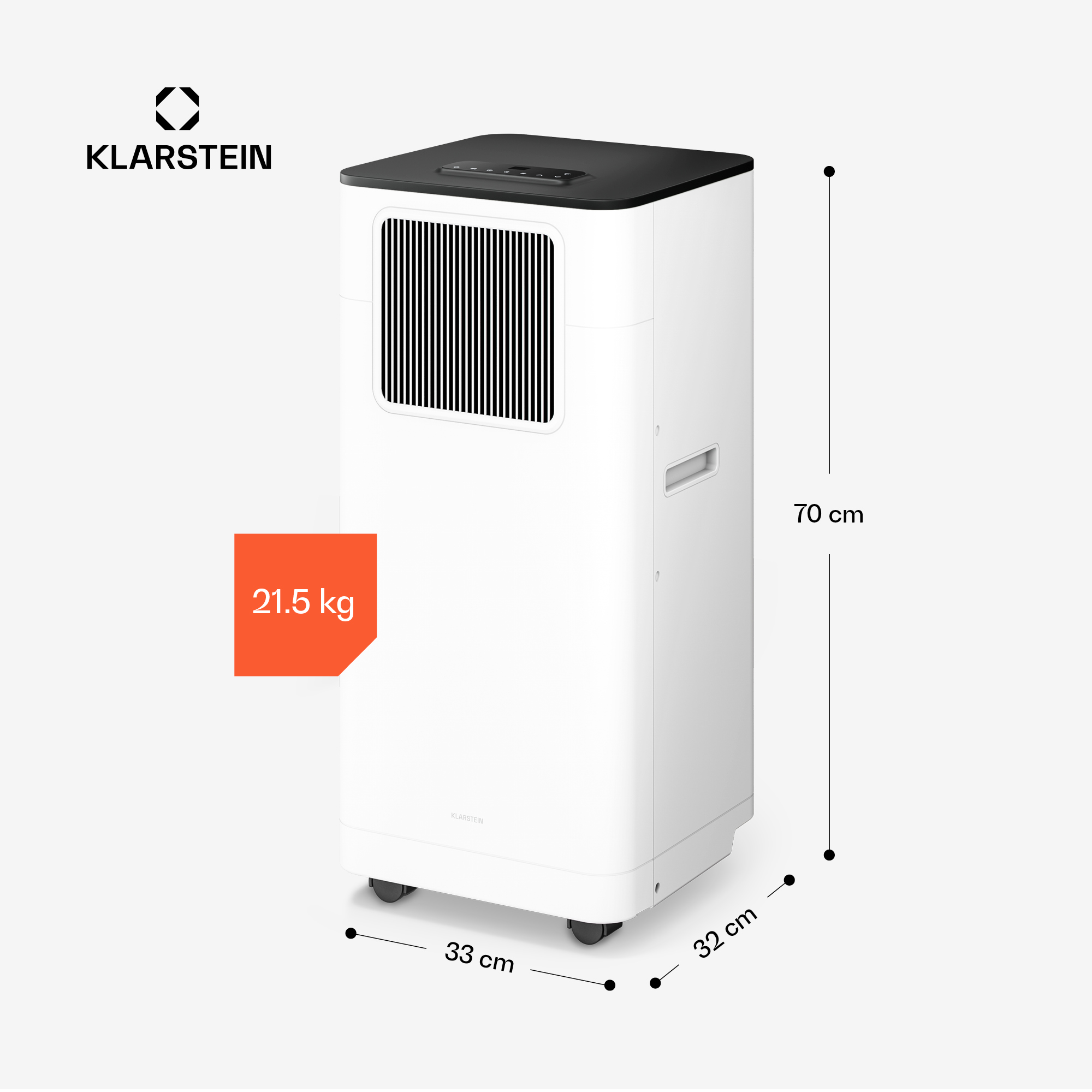 Enfriador de aire Klarstein blanco con tapa negra, 70cm alto, 33x32cm ancho. Pesa 21.5kg.