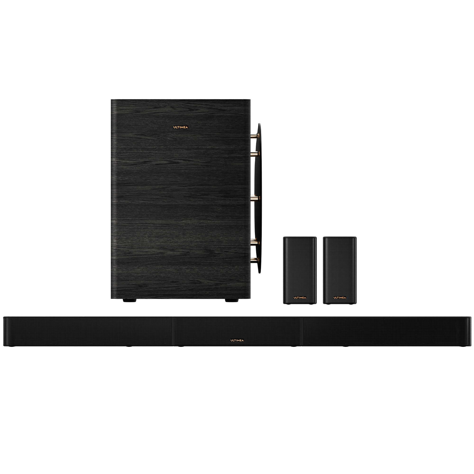 Czarny subwoofer, dwa głośniki i soundbar ze złotym logo.