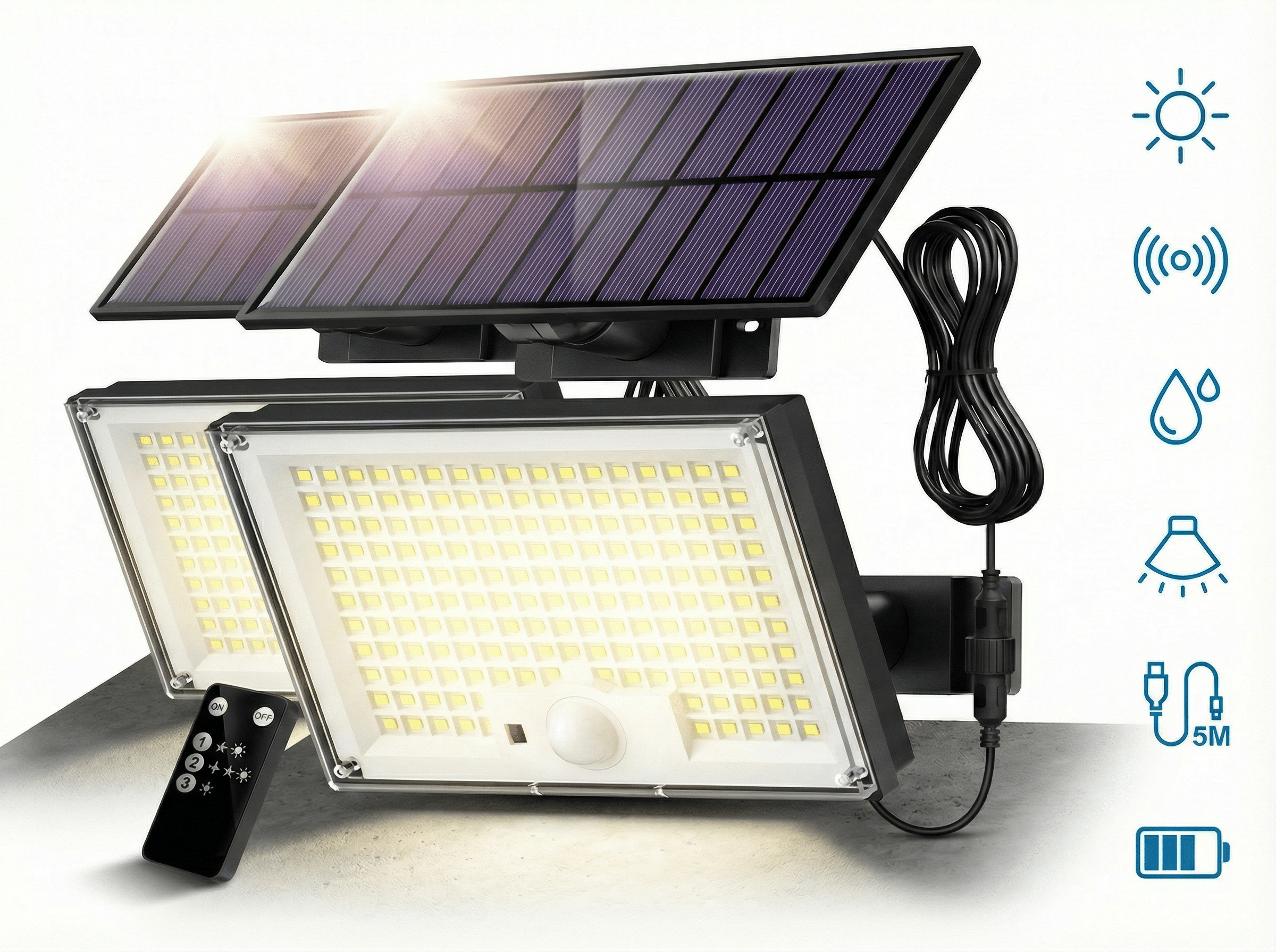 Zwei Solarpanels über zwei hellen LED-Flutlichtern mit Fernbedienung.