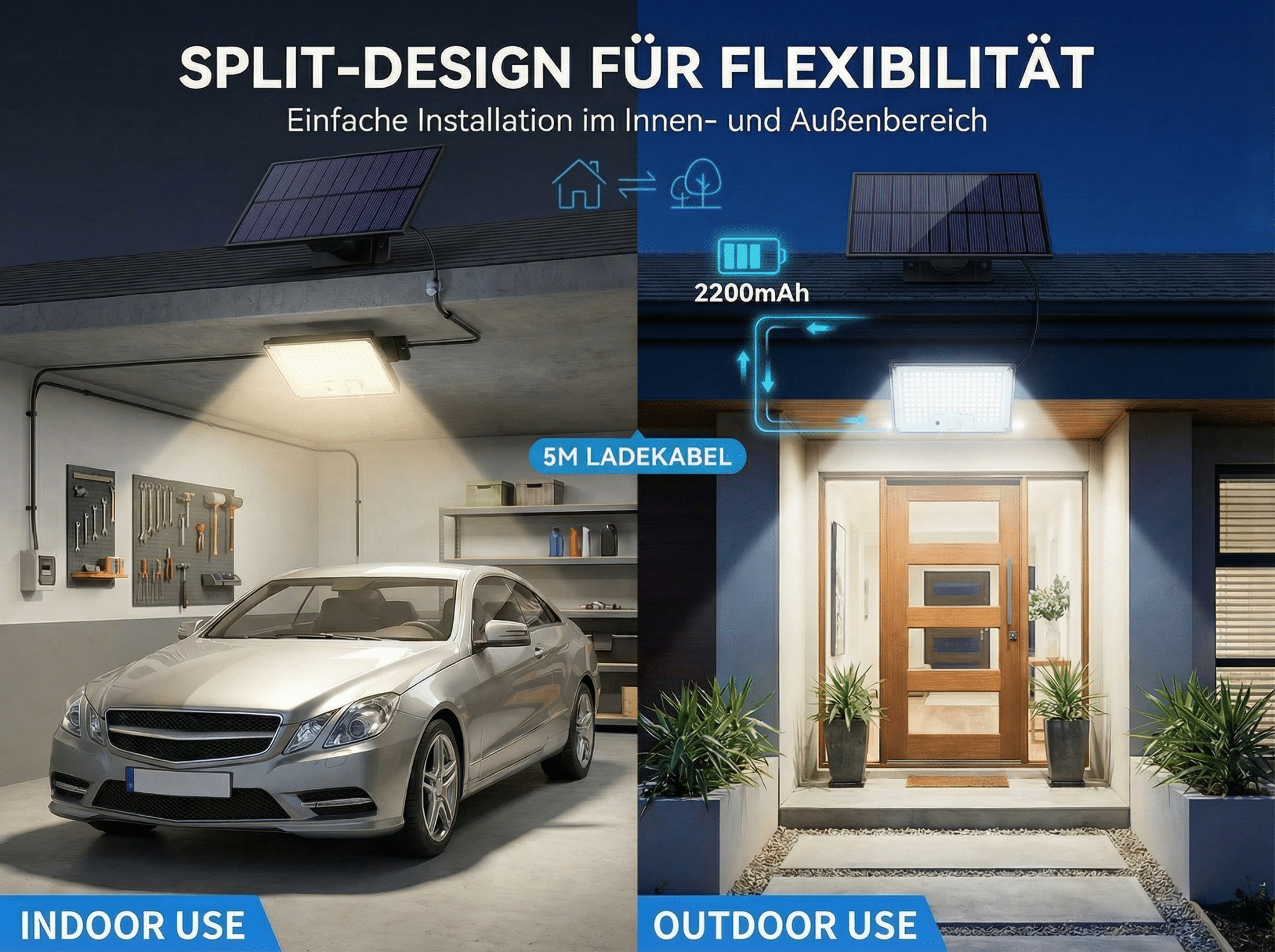 Geteiltes Design: Innenbeleuchtung mit Auto, Außenbeleuchtung mit Tür.