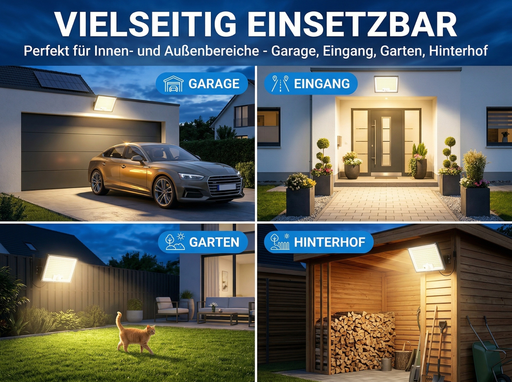 Vier Szenen: Auto vor Garage, Eingang, Katze im Garten, Holzschuppen.