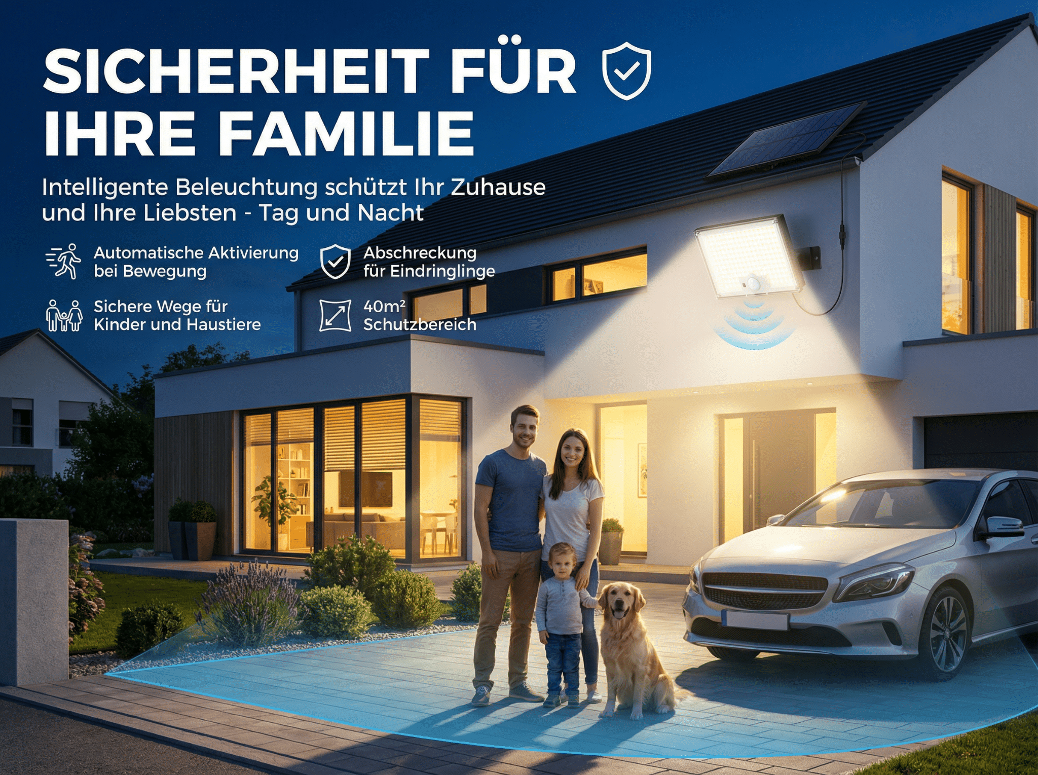 Familie mit Hund vor Haus, beleuchtet durch Aussenlampe.