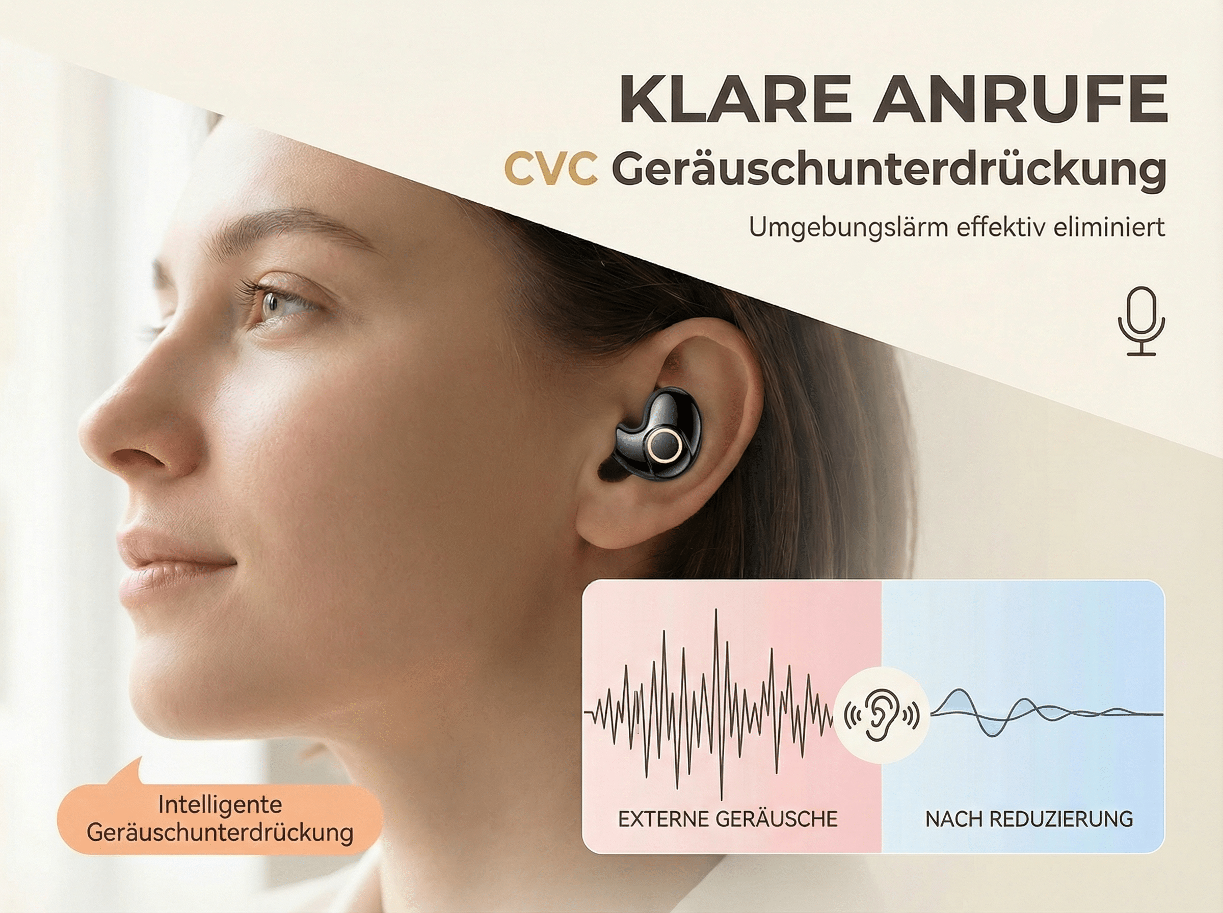 Frau mit Kopfhörer und Grafik zur Geräuschunterdrückung.