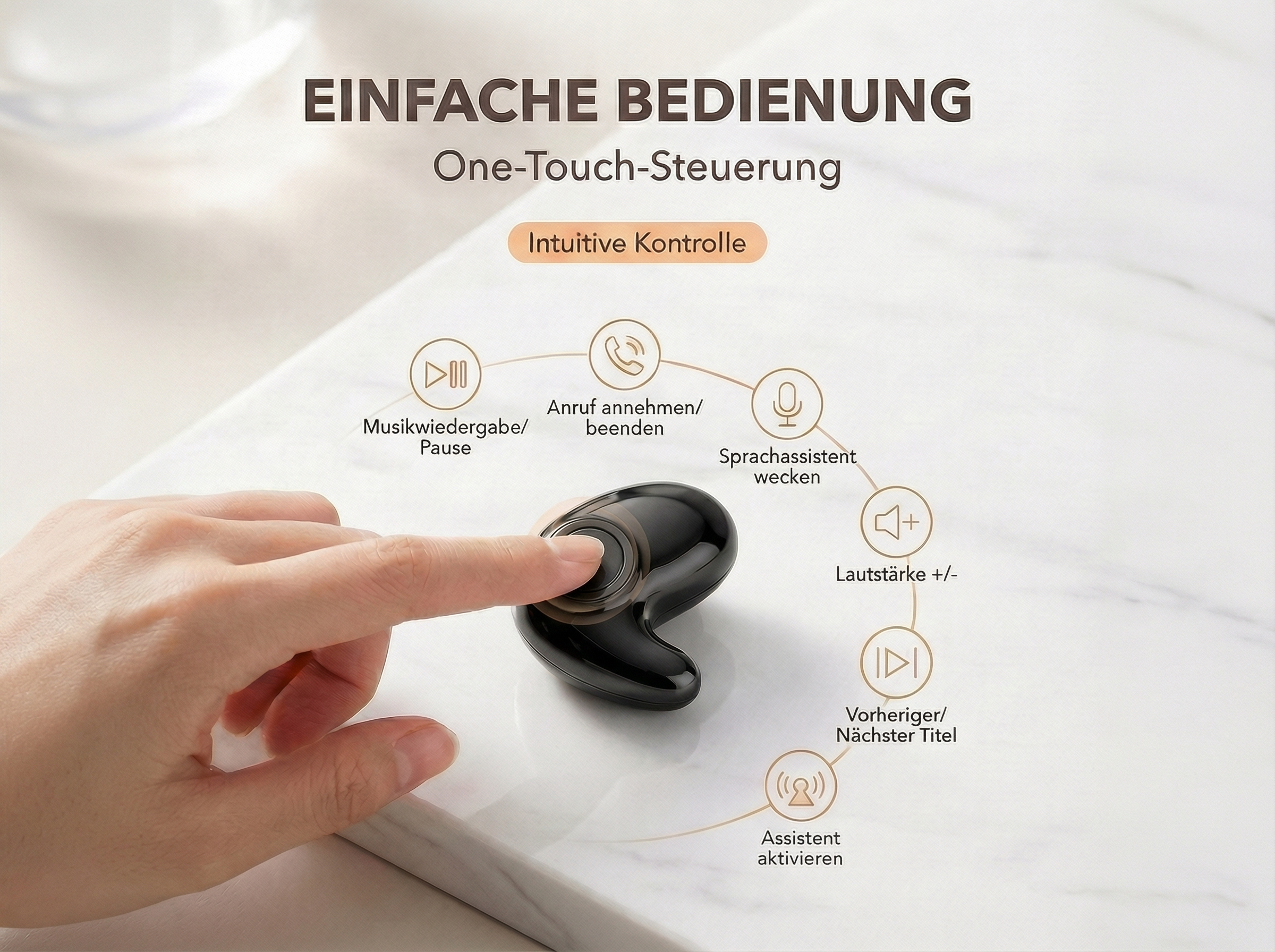 Eine Hand berührt einen schwarzen Ohrhörer, um die Funktionen zu steuern.