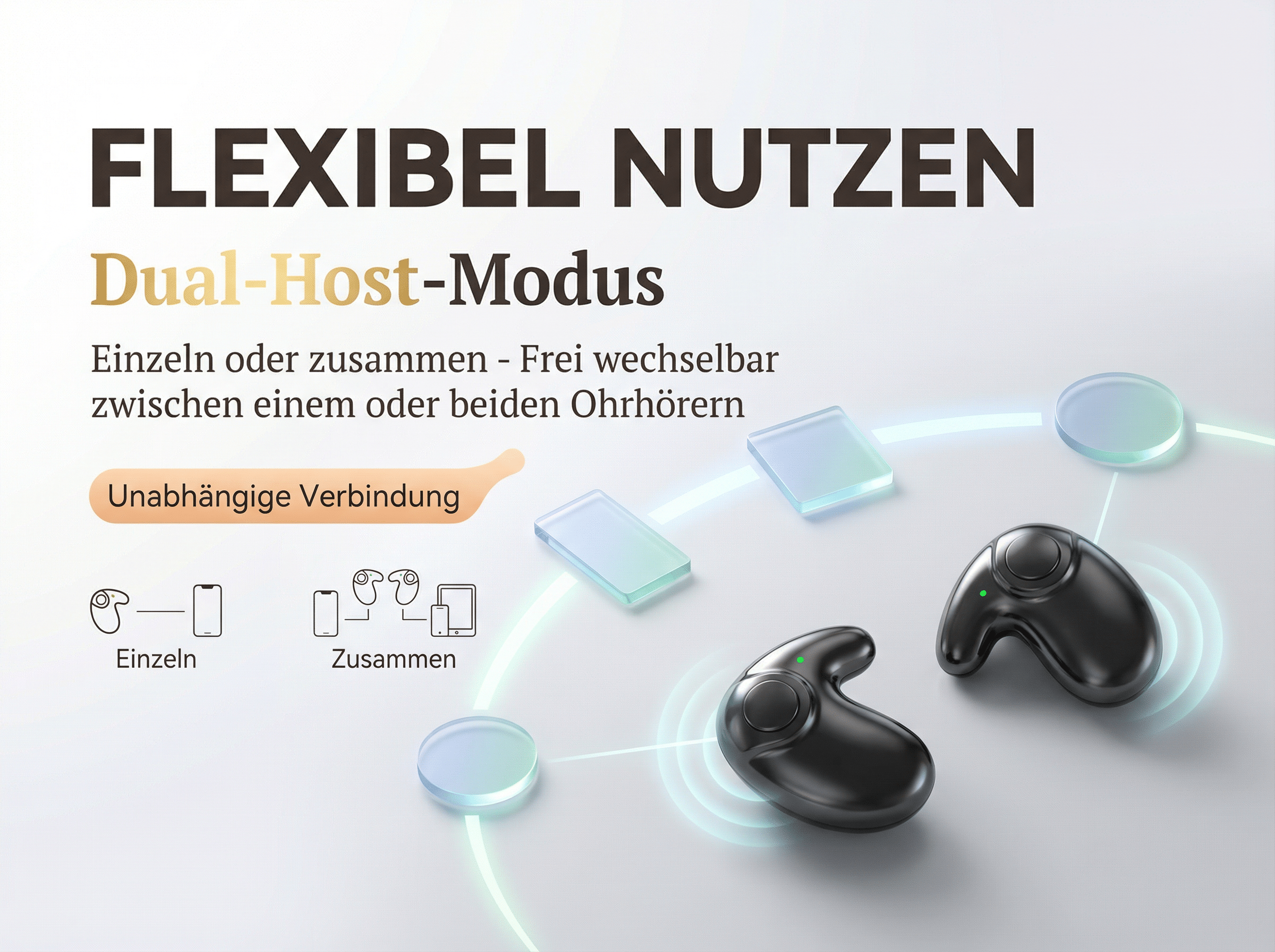 Zwei schwarze Ohrhörer mit grünen Lichtern, verbunden mit grafischen Linien.