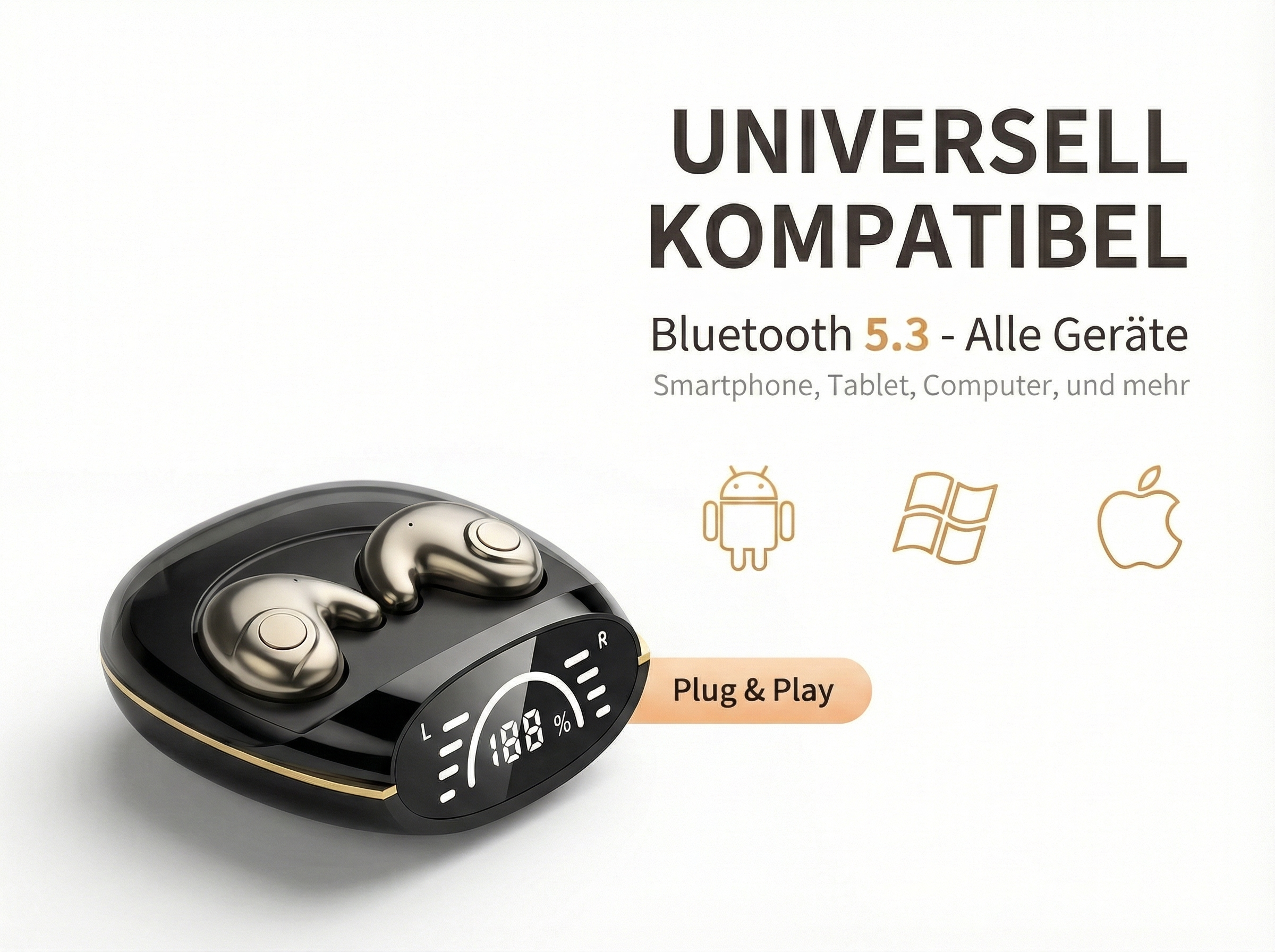 Schwarzes Ladecase mit Ohrhörern und Ladeanzeige. Kompatibel mit Bluetooth 5.3.