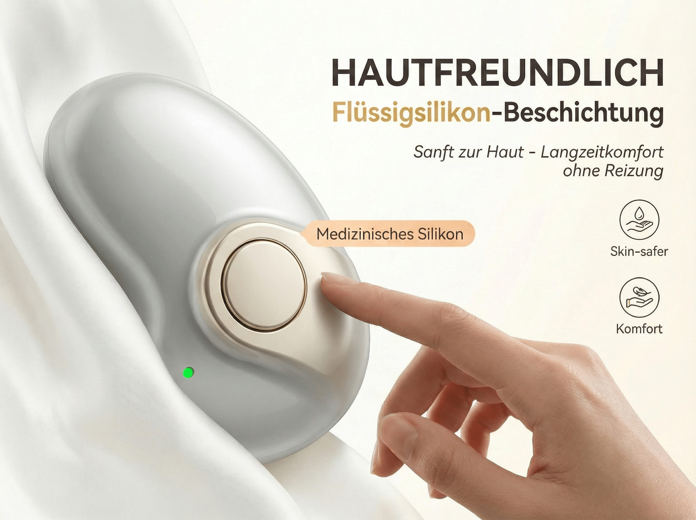 Ein Finger drückt auf ein glattes, weißes Gerät mit medizinischem Silikon.