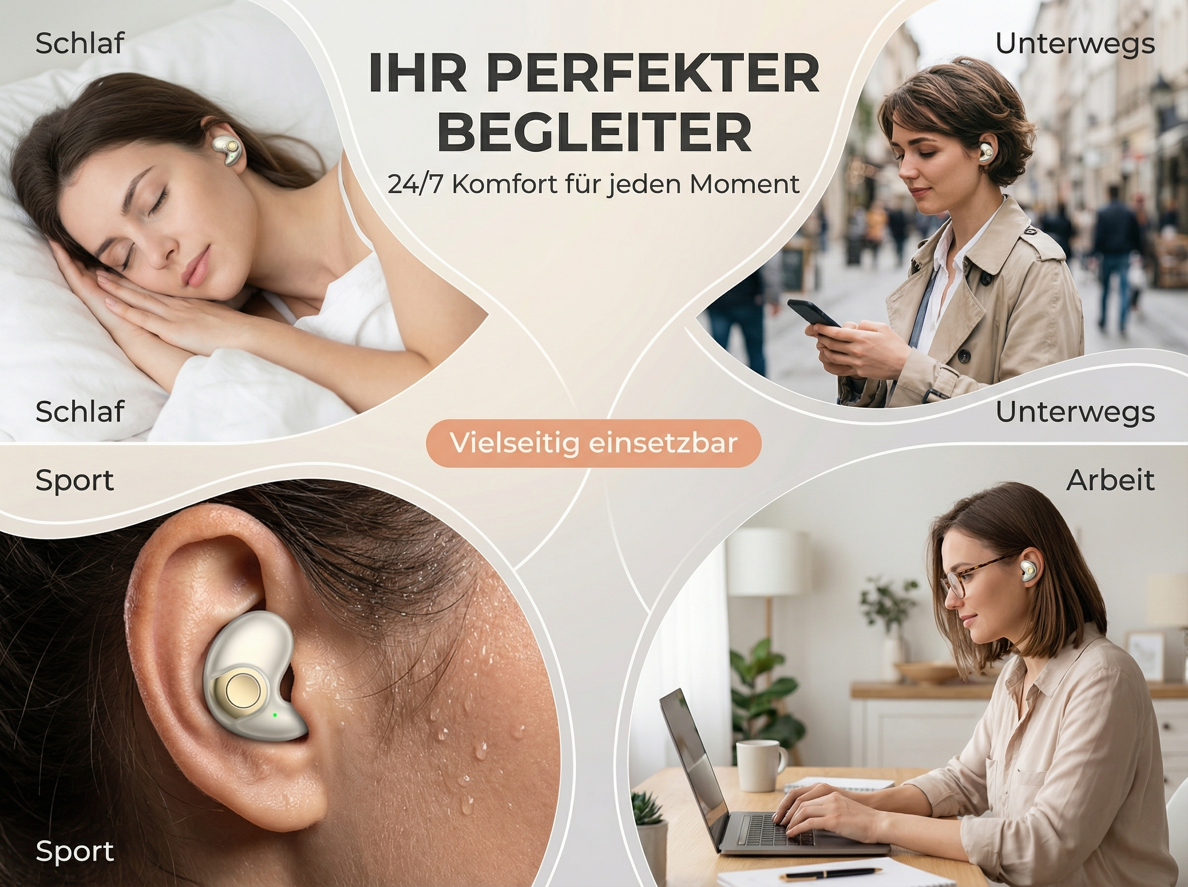 Frau schläft, ist unterwegs, arbeitet und treibt Sport mit Ohrhörern.