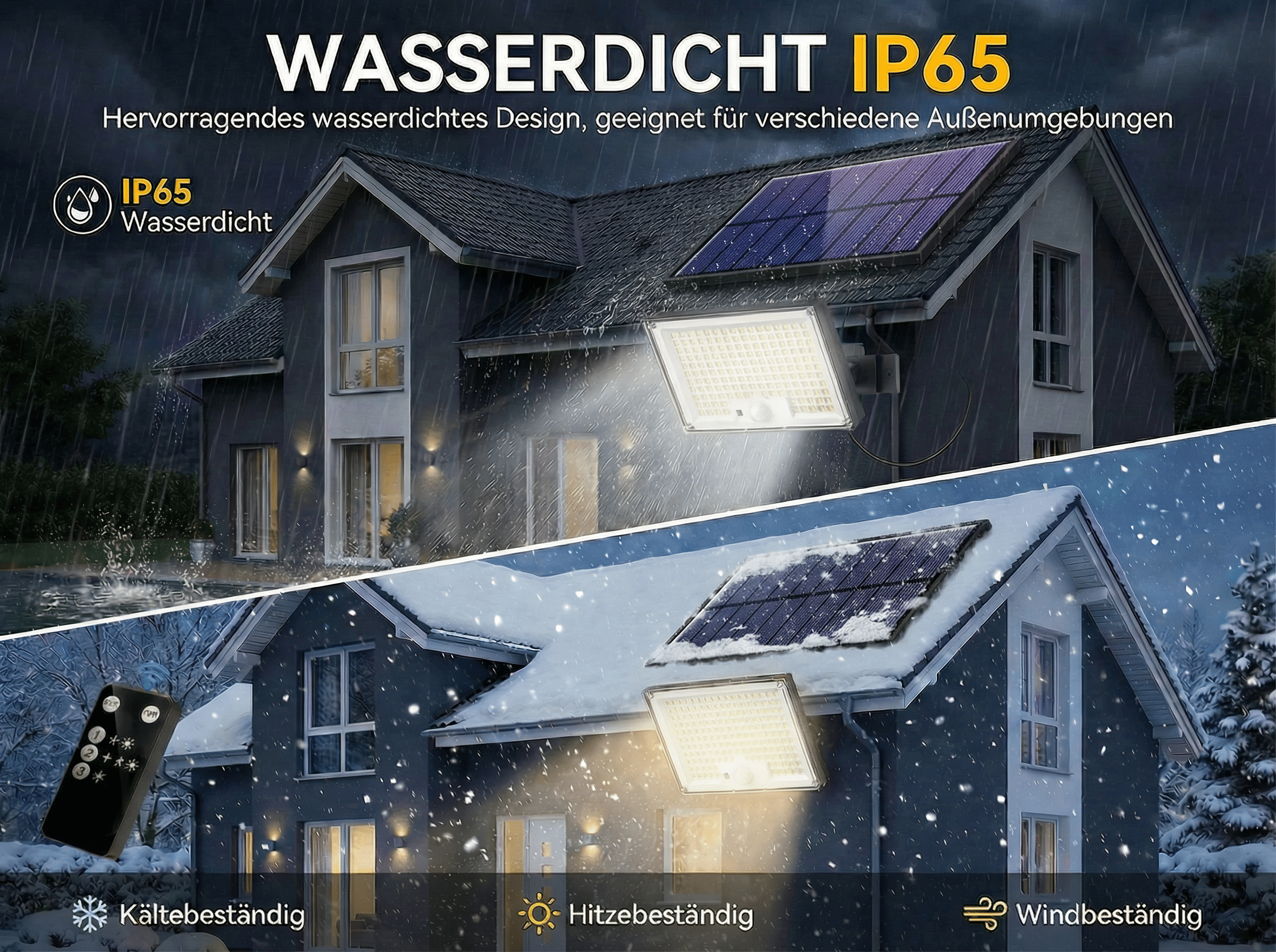 Haus mit wasserdichter Leuchte bei Regen und Schnee, mit Solarzellen.