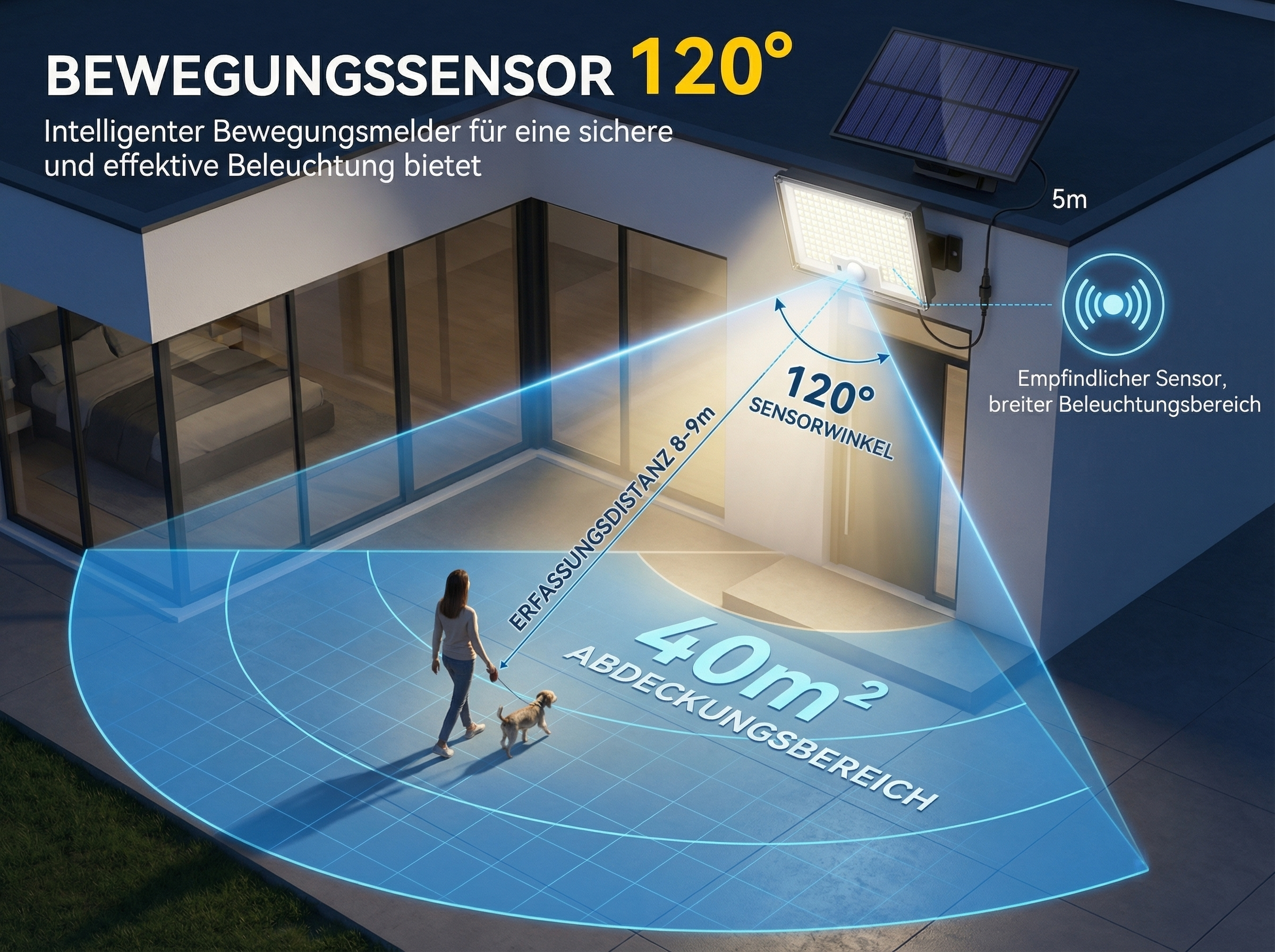 Bewegungssensor mit 120° Winkel, 8-9m Erfassung, 40m² Abdeckung. Solarbetrieben.