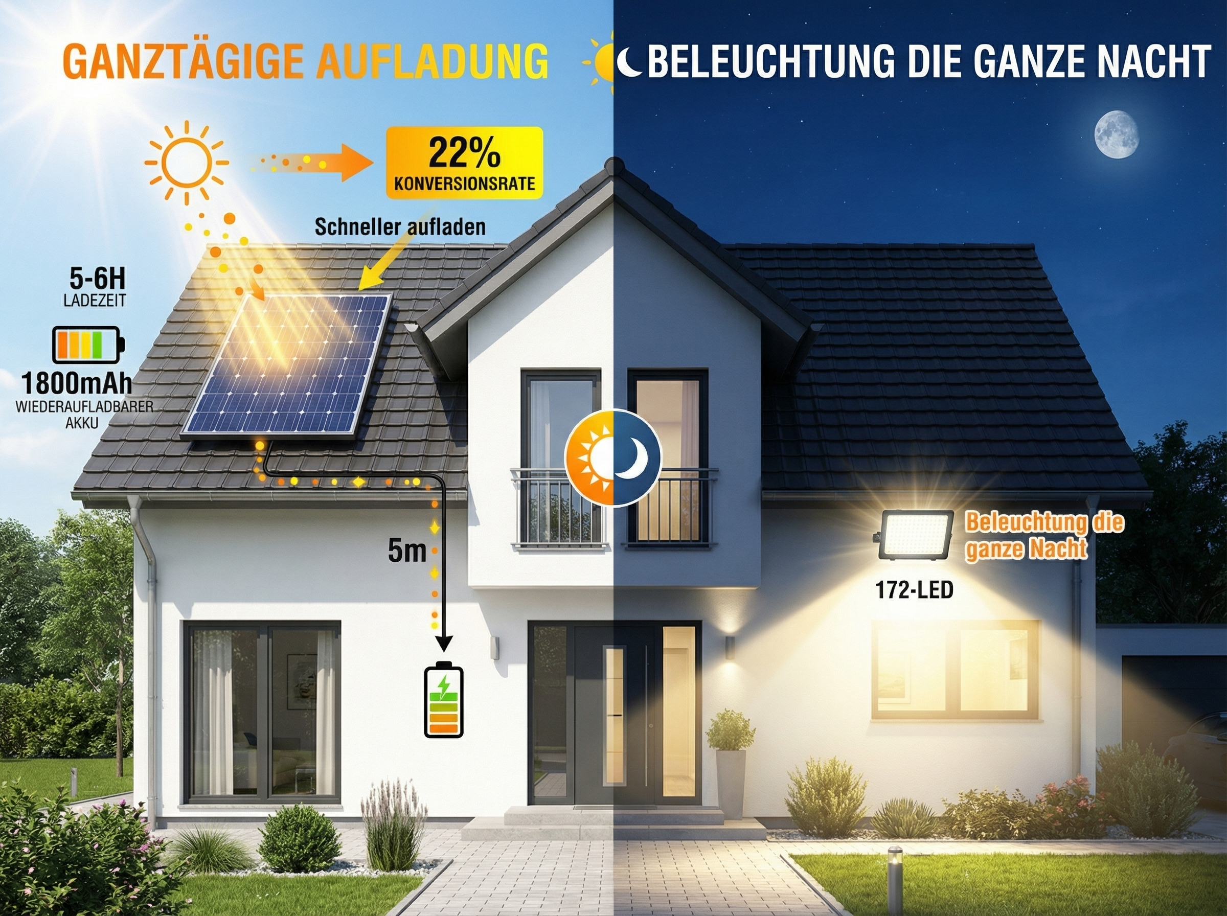 Haus mit Solaranlage tagsüber und beleuchtetem Eingang nachts.