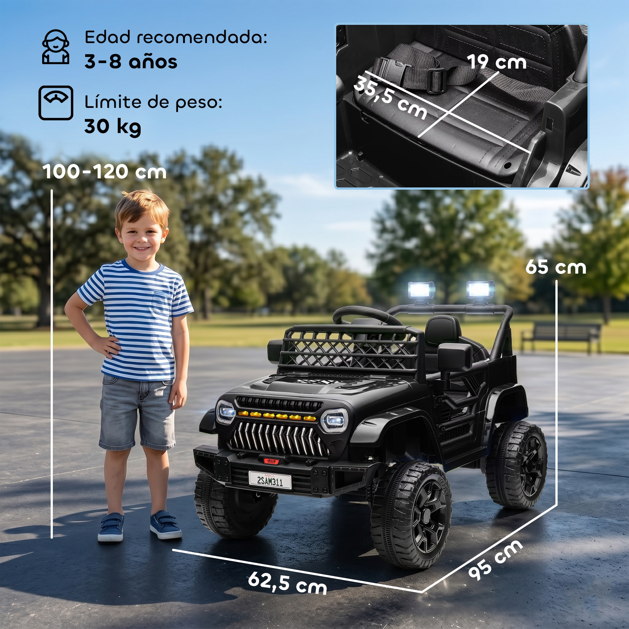 Un niño junto a un coche eléctrico negro, con medidas de edad, peso y altura.