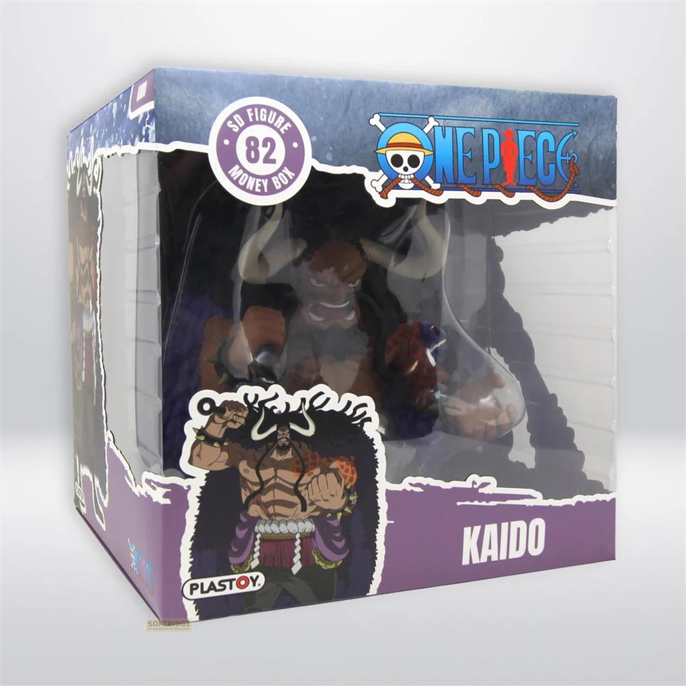 Empaque de figura One Piece Kaido con insignia redonda y logo de anime.
