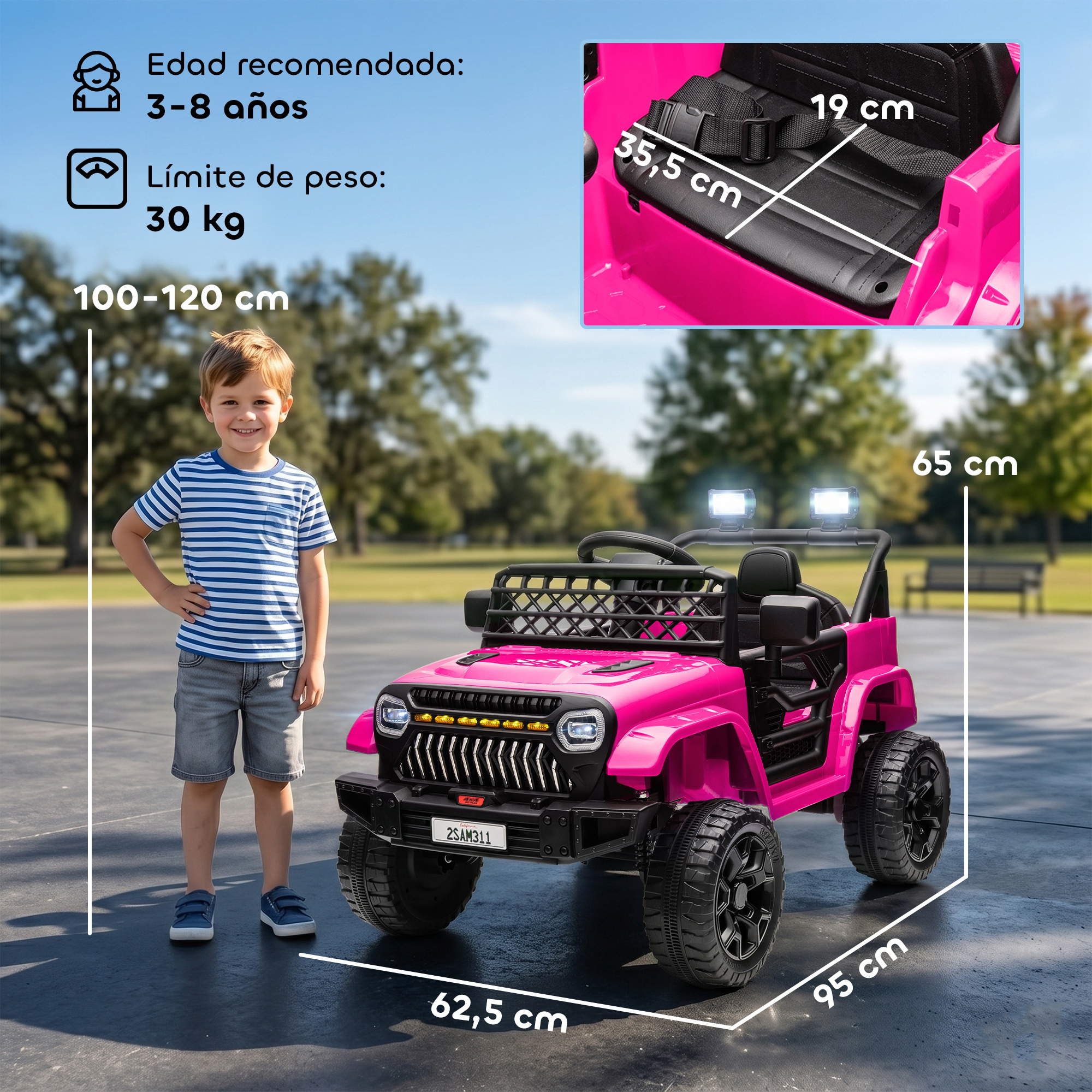 Un niño junto a un jeep eléctrico rosa. Se muestran las dimensiones.