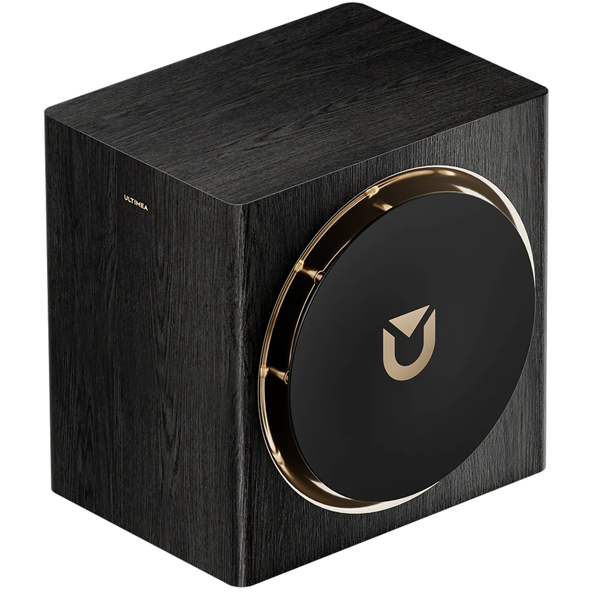 Czarny subwoofer z drewnianym usłojeniem i złotą ramką.