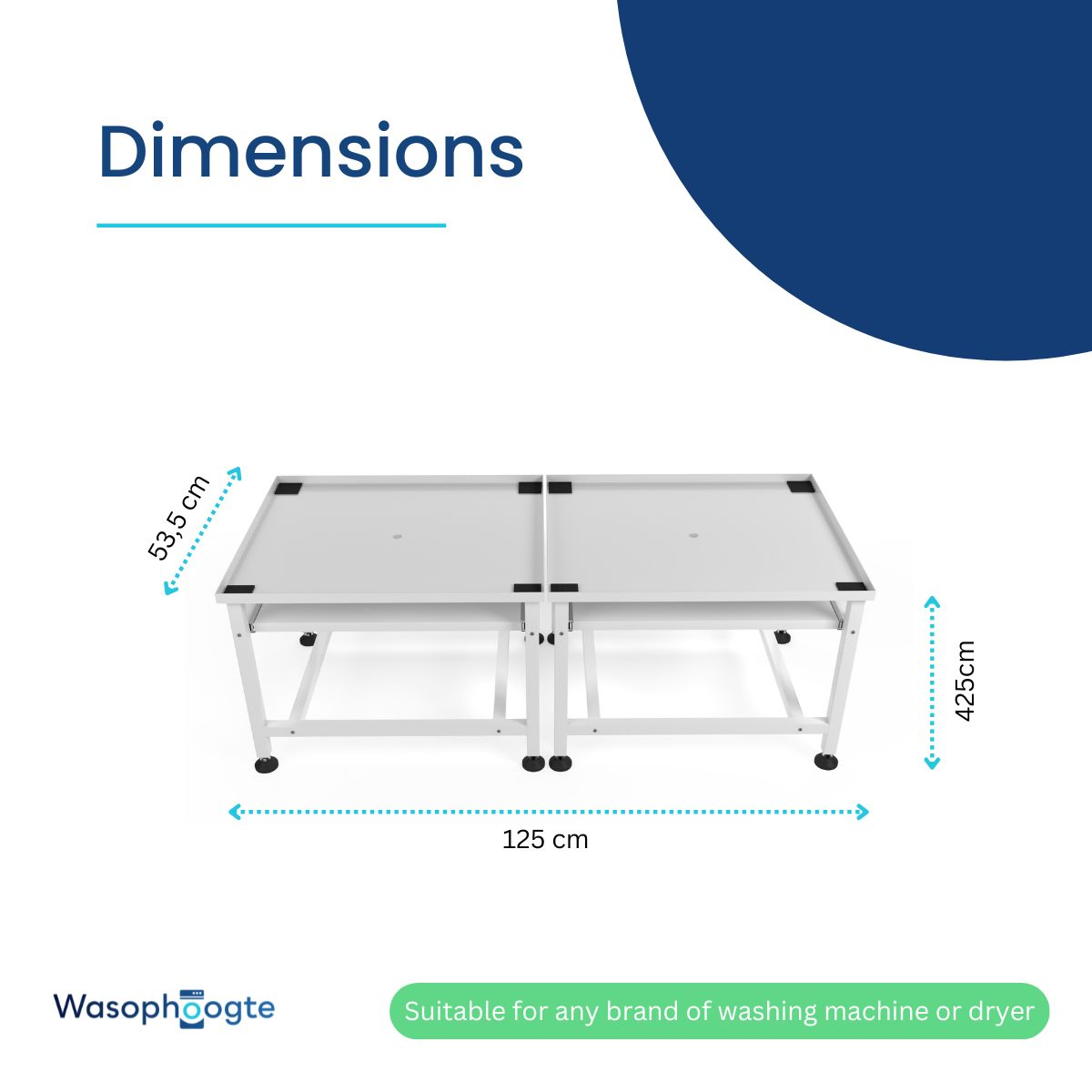 Two white washing machine stands side-by-side, dimensions 125x53.5x42.5 cm.