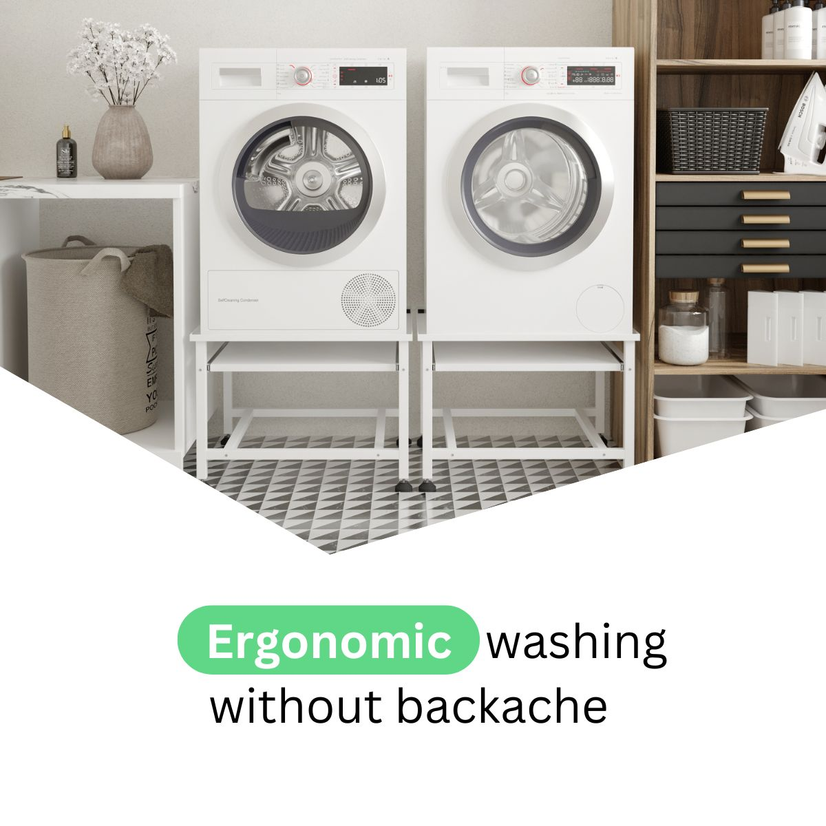 Two white washing machines on stands, next to a shelf with baskets and containers.