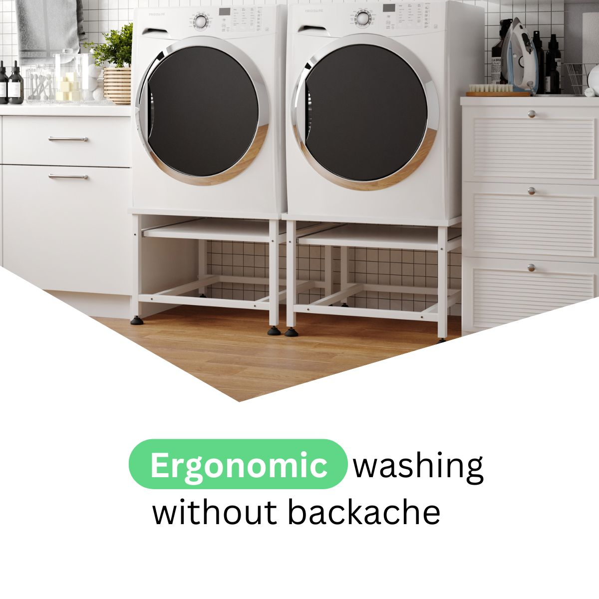 Two white washing machines on white stands in a laundry room.