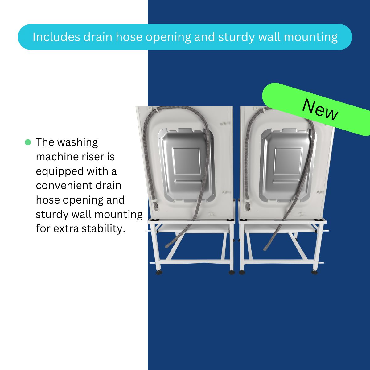Two white washing machine risers with hoses and text.