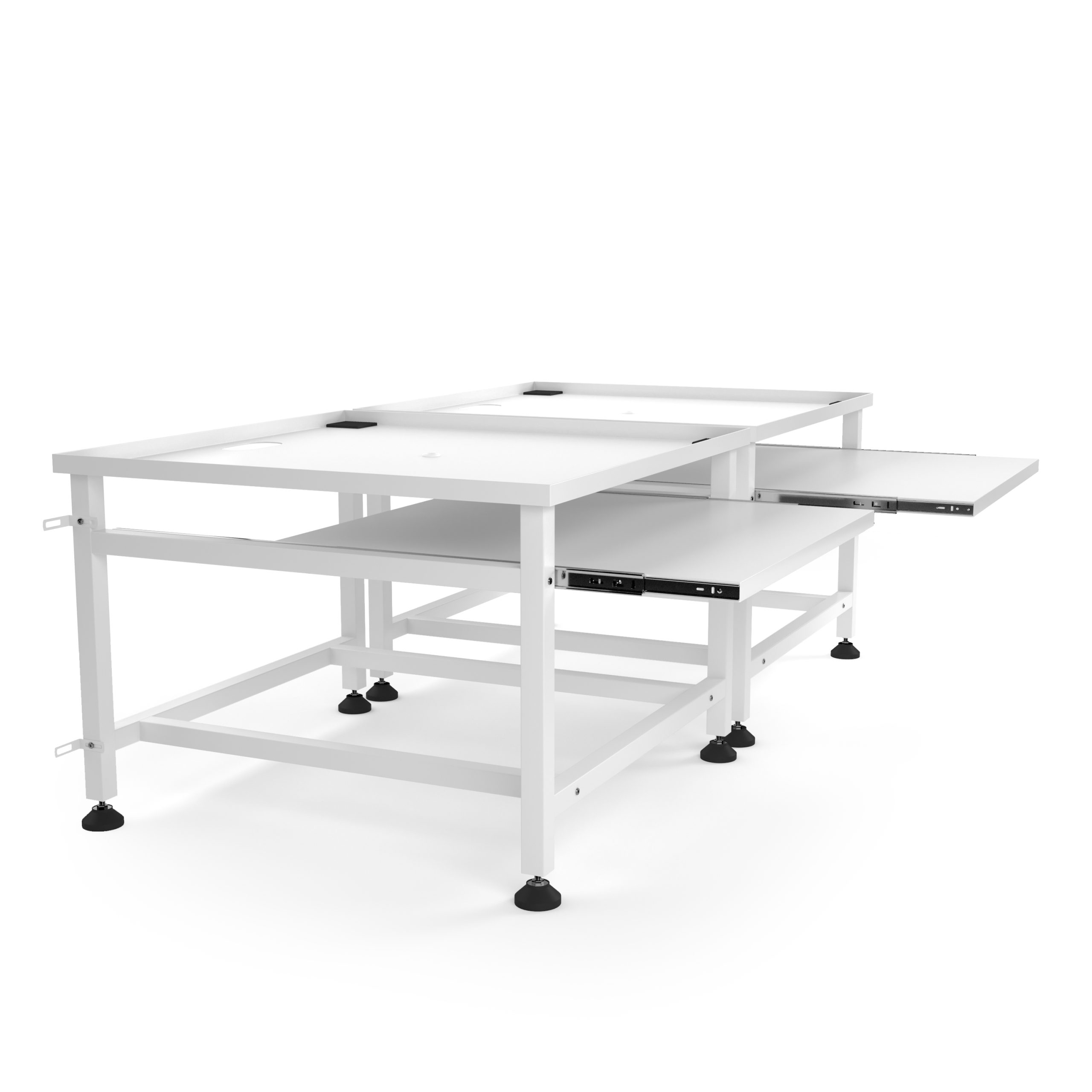 A white metal table with a pull-out drawer and adjustable feet.