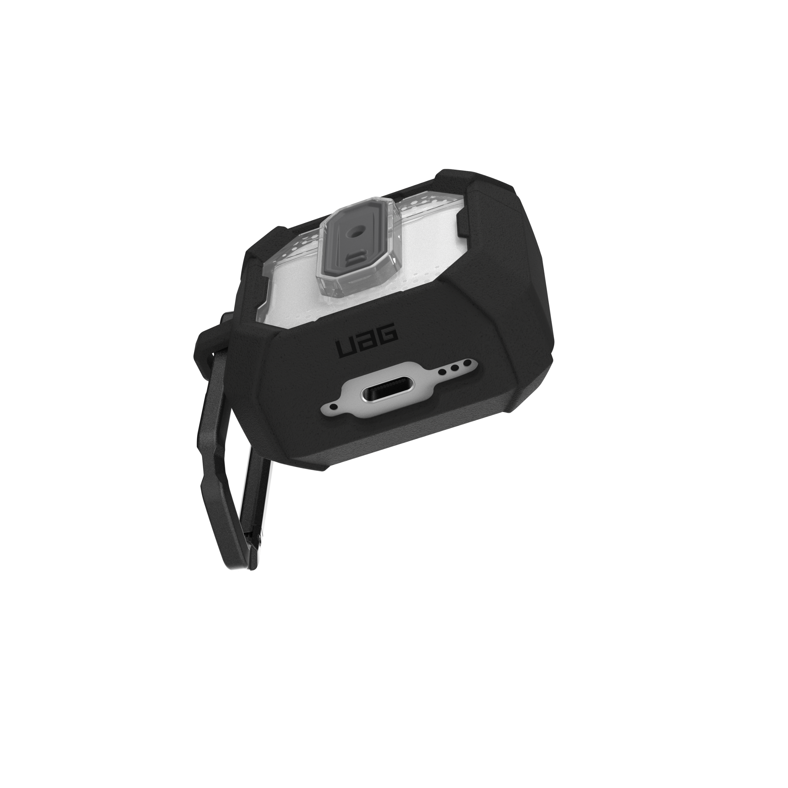 Czarna obudowa UAG do AirPods Pro z klipsem karabińczyka i przezroczystą górą.