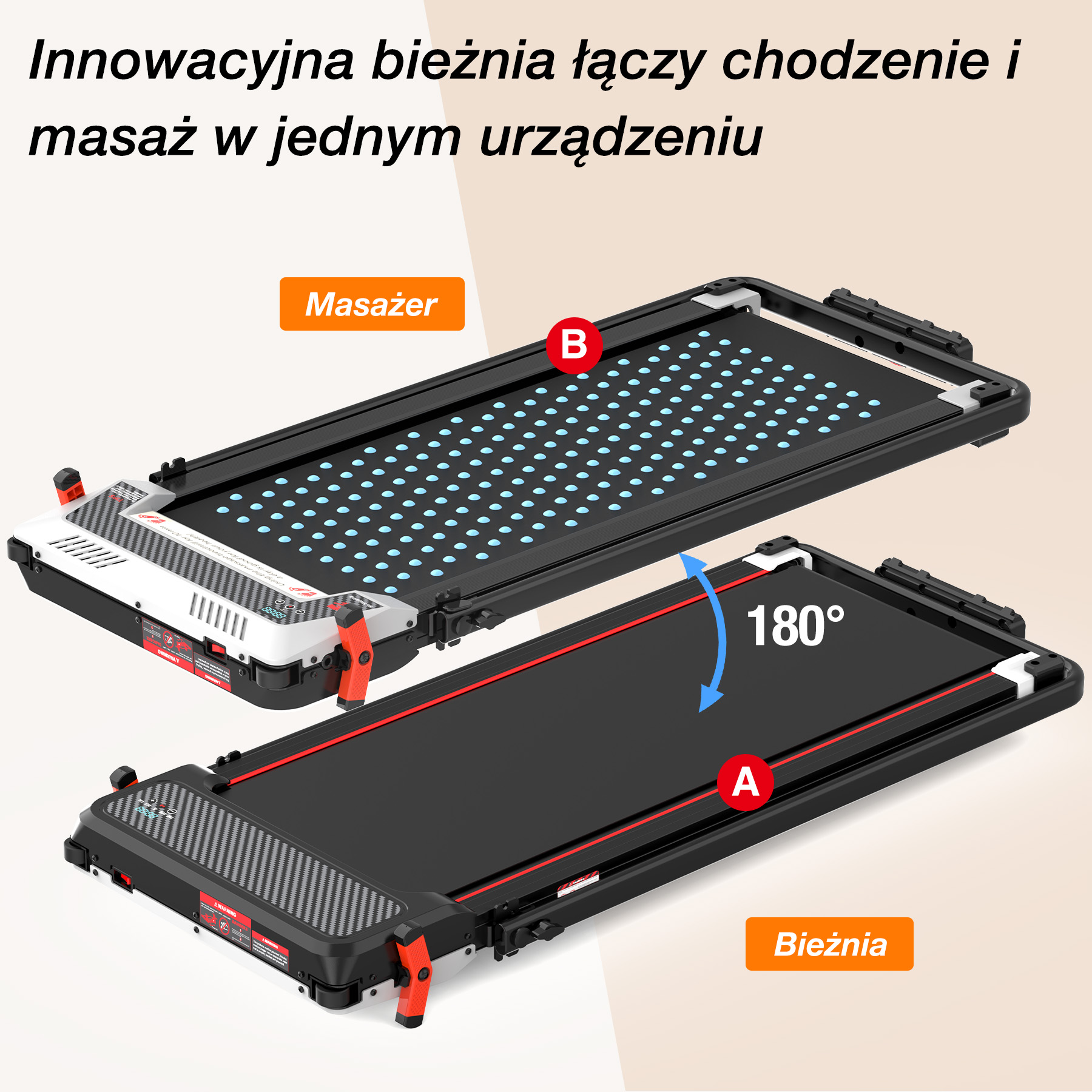 Bieżnia z funkcją masażu, pokazana z góry i z dołu.