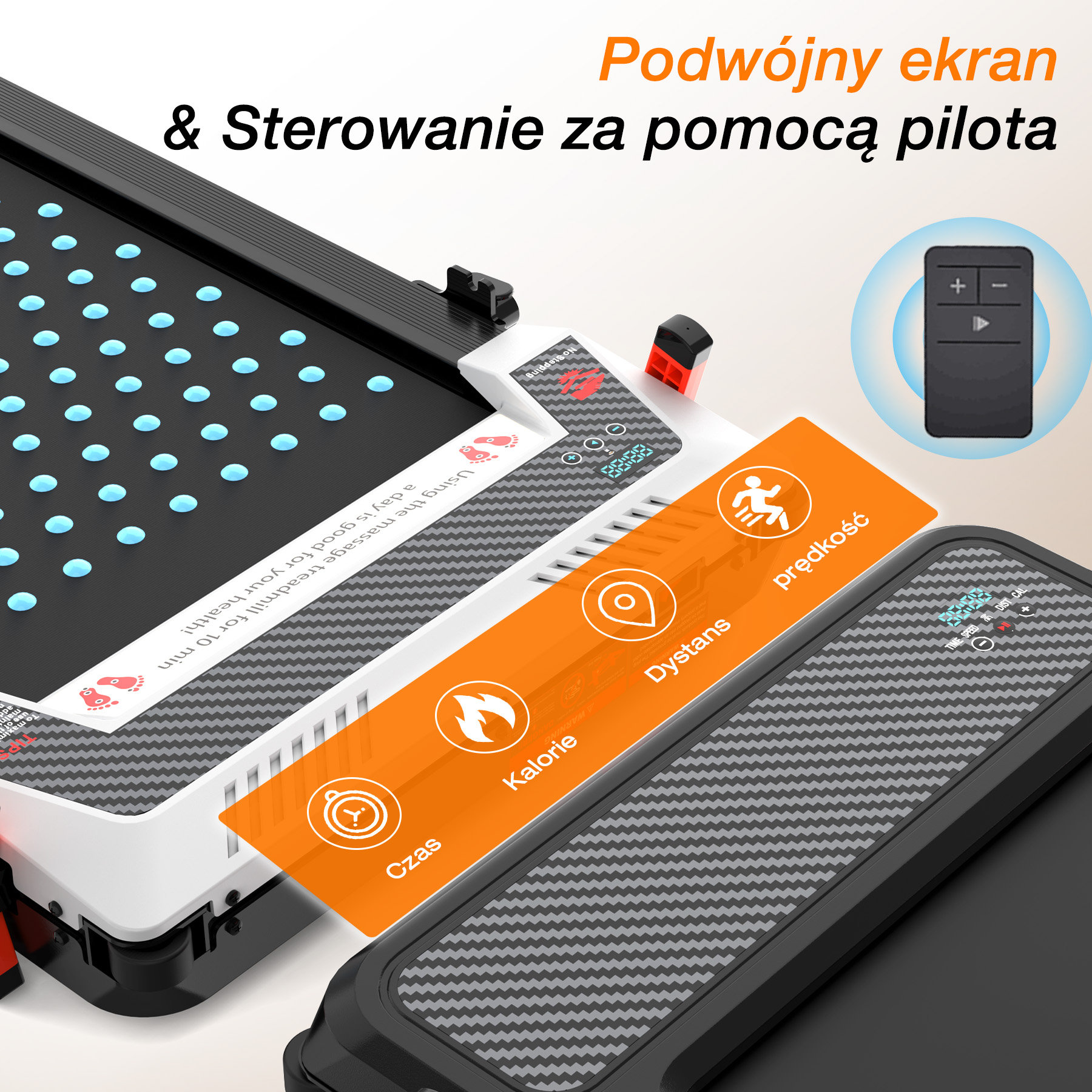 Bieżnia z pilotem i podwójnym ekranem pokazuje czas, dystans, kalorie.