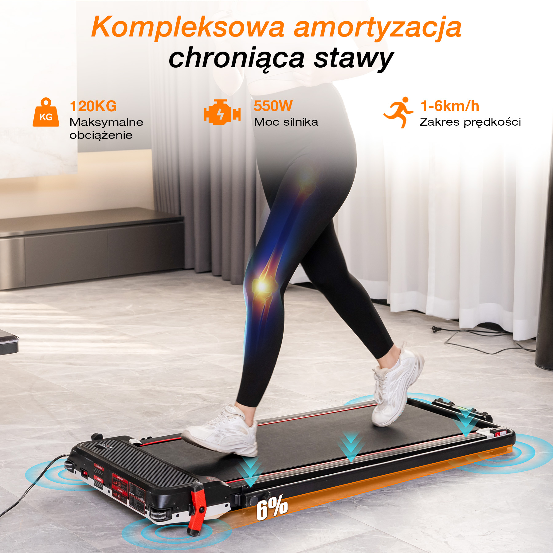 Osoba biegnie na bieżni, pokazując 120 kg, 550 W i 1-6 km/h.