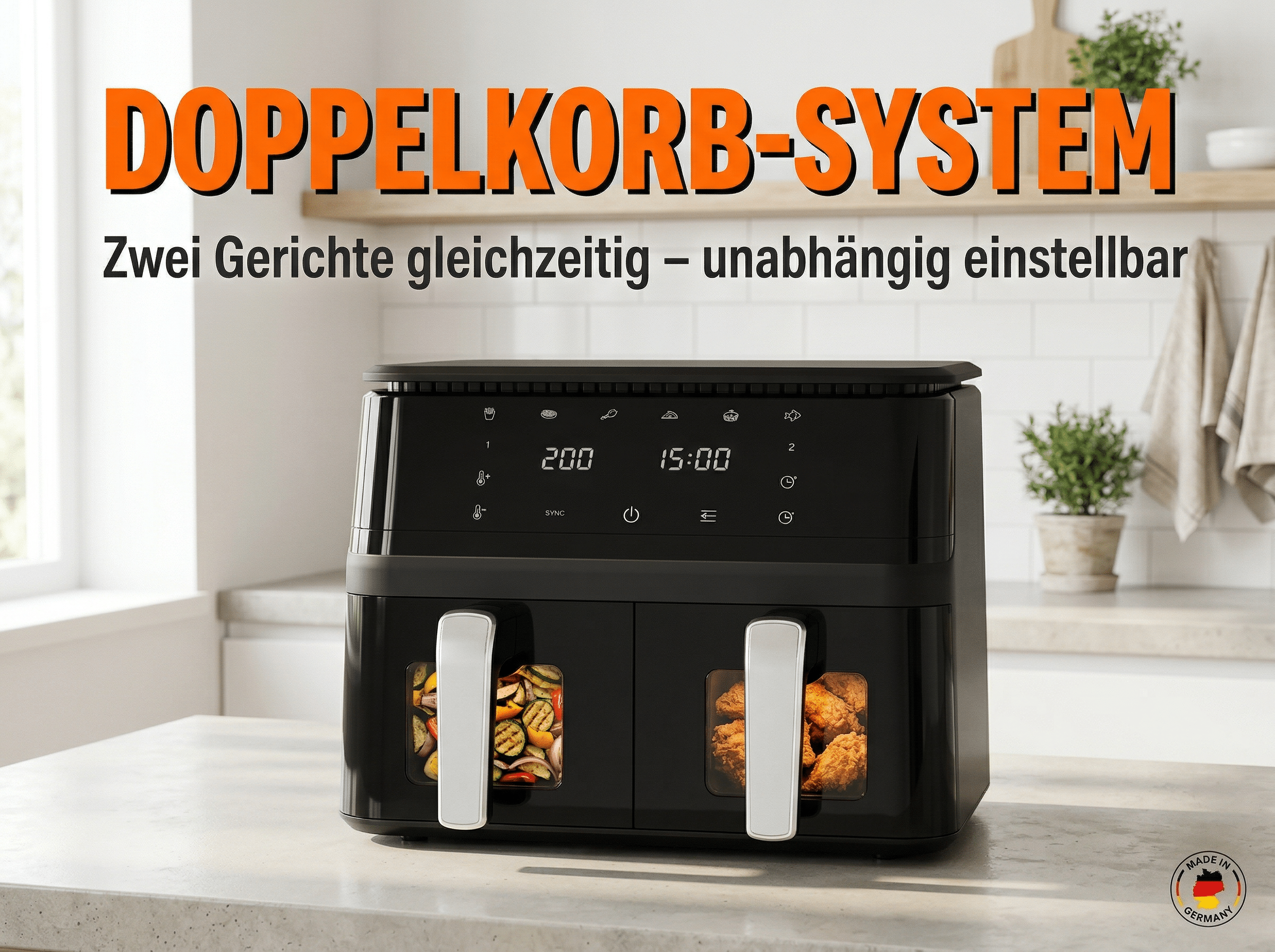 Ein schwarzer Doppelkorb-Airfryer mit Gemüse und Hähnchen. 