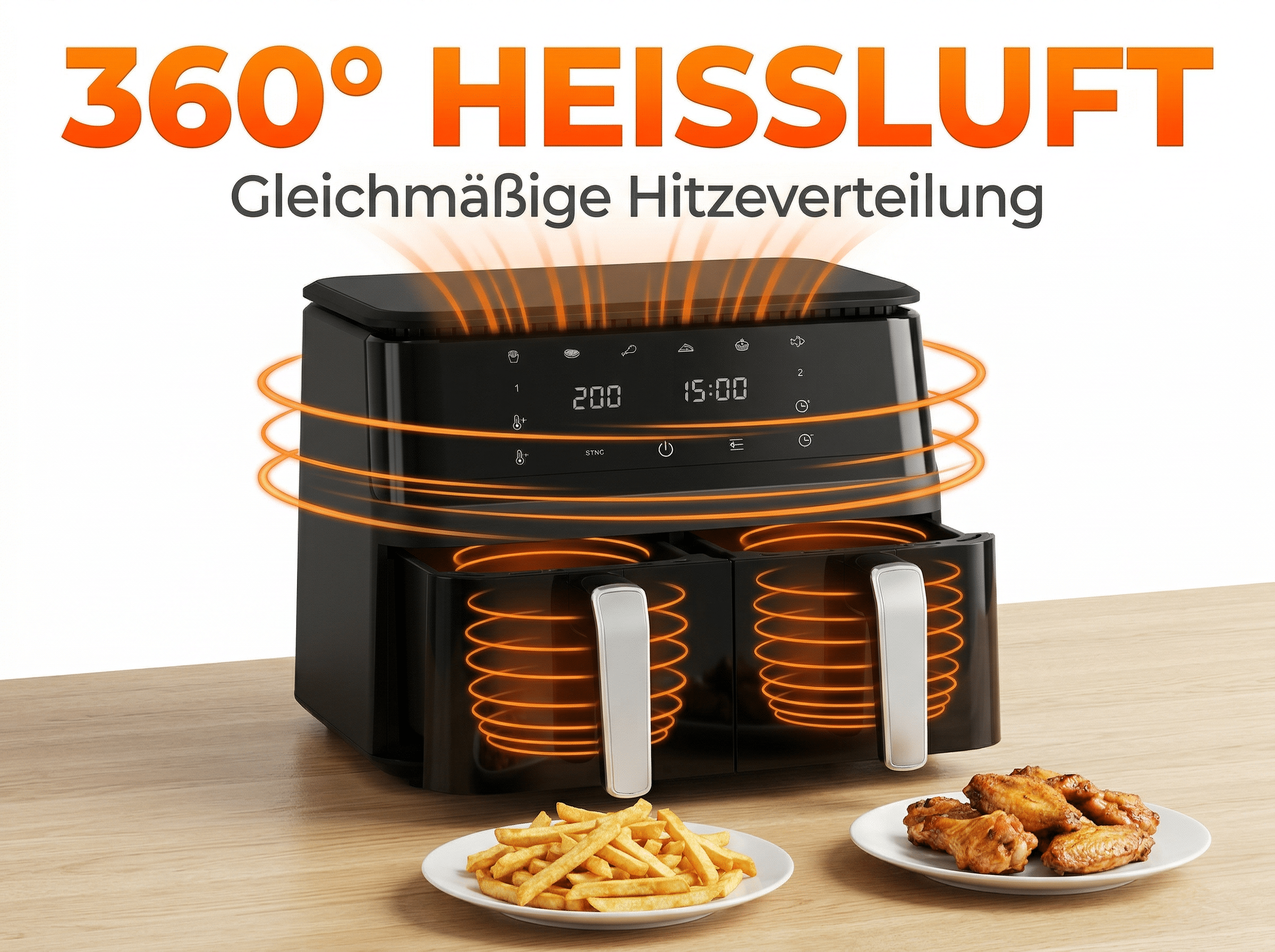 Ein schwarzer Doppel-Heißluftfritteuse mit Pommes und Hähnchenflügeln.