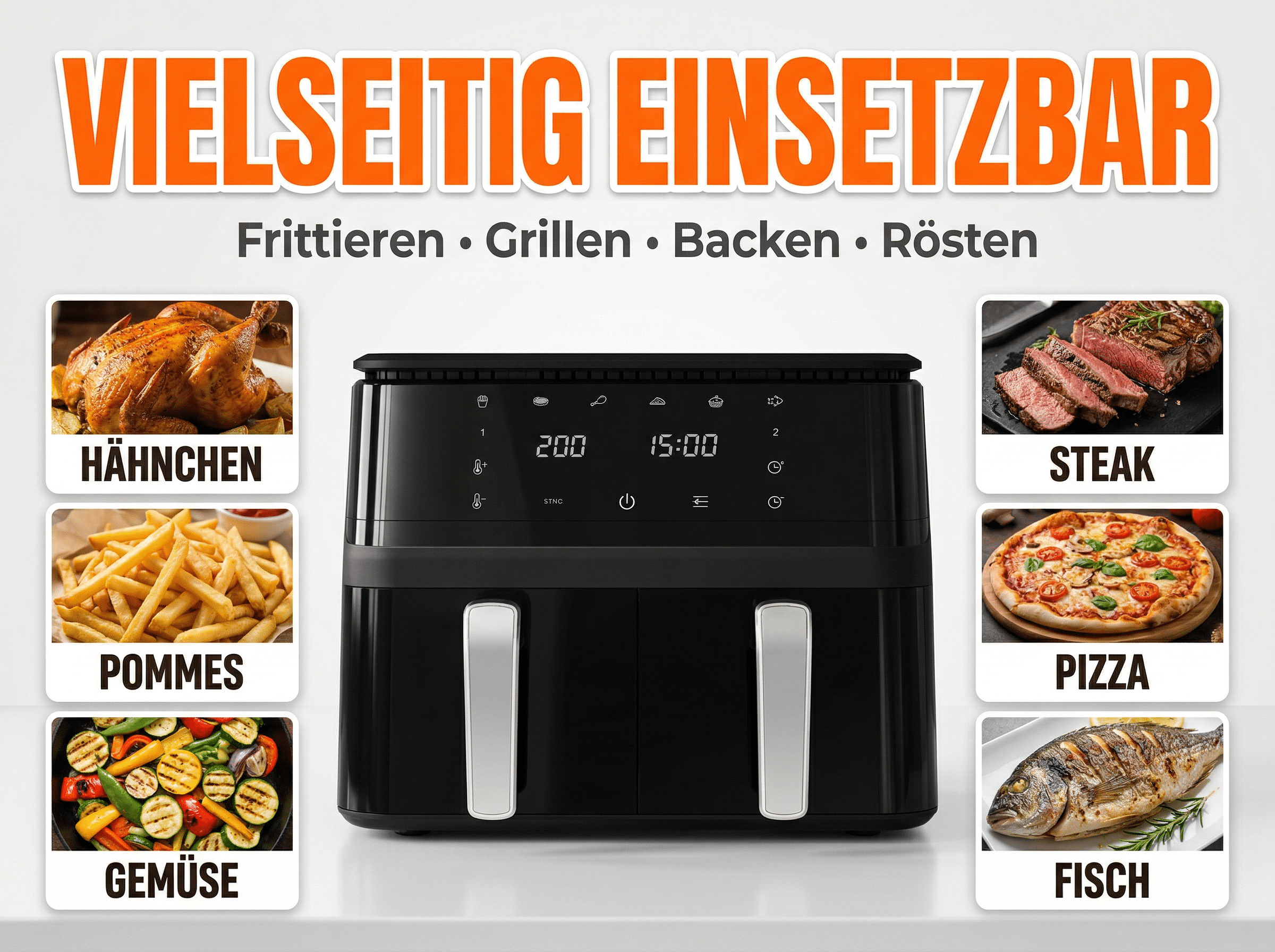 Ein schwarzer Doppelluftfritteuse mit Bildern von Hähnchen, Pommes, Gemüse, Steak, Pizza und Fisch.