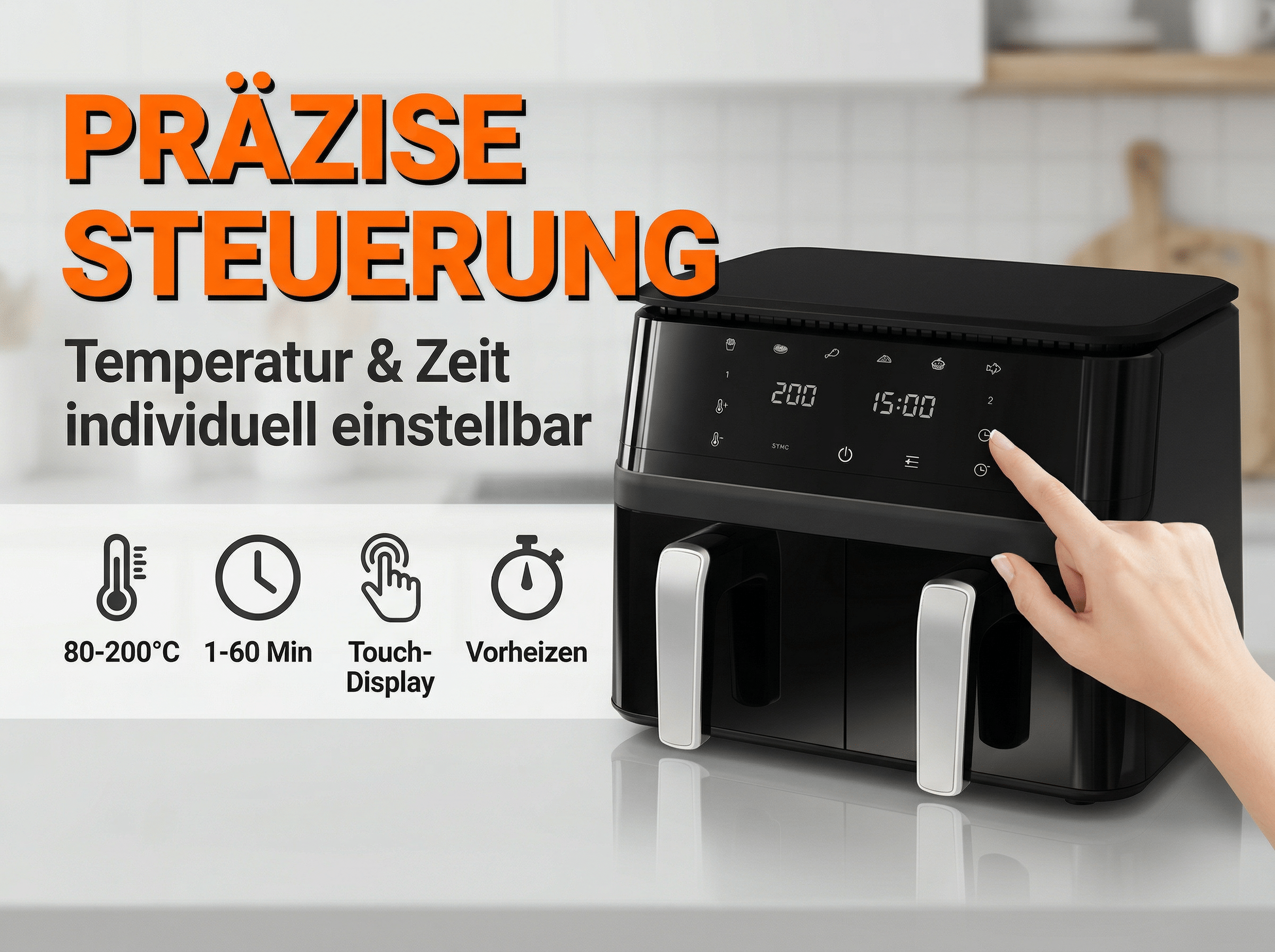 Schwarzer Doppel-Heißluftfritteuse mit Touchscreen-Bedienfeld und silbernen Griffen.