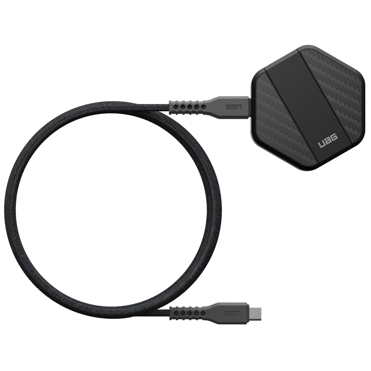Czarny pleciony kabel z USB-C i sześciokątnym urządzeniem UAG.