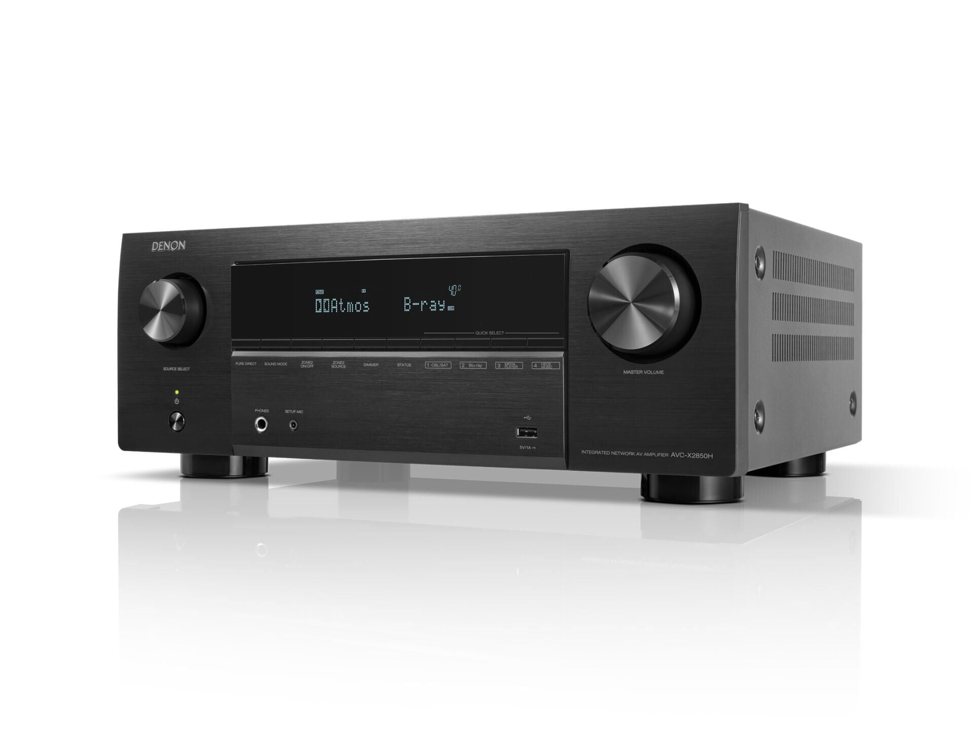 Dolby Atmos ve Blu-ray gösteren siyah Denon AV alıcısı.