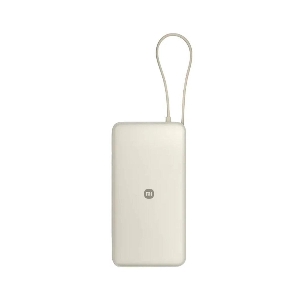 Een crèmekleurige powerbank met een lusvormige handgreep en Mi-logo.