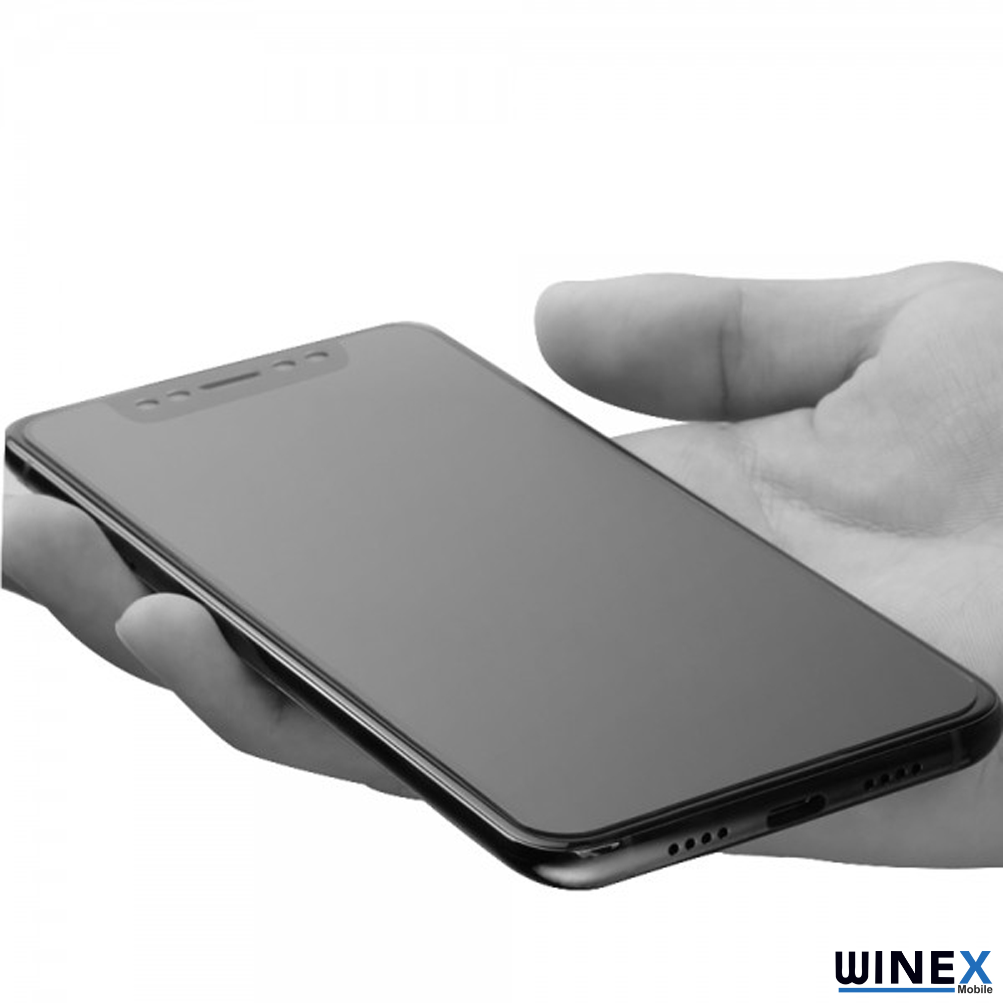Bir el, üzerinde ekran koruyucu bulunan koyu renkli bir akıllı telefon tutuyor.